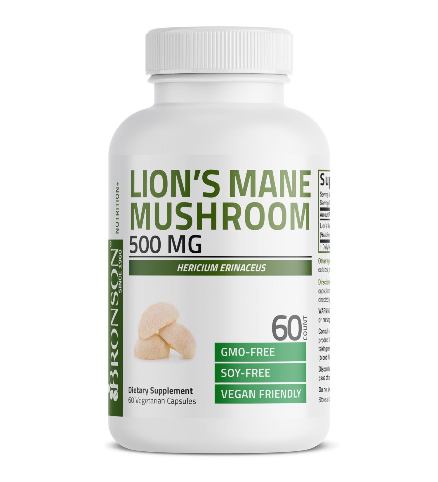 Bronson Lion's Mane Mushroom 500mg Hericium Erinaceus Non-GMO 60 Vegetarian Capsules 60 Count (Pack of 1) - Buy Online on GoSupps.com