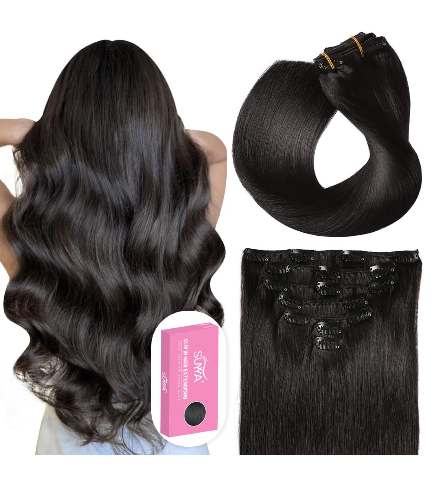 SUYAA 14 Inch Real Human Hair Clip in Extensions 7pcs 110g - Natural Black Double Weft Straight Clip in Hair Extensions - 1B Off Black - Buy Online on GoSupps.com