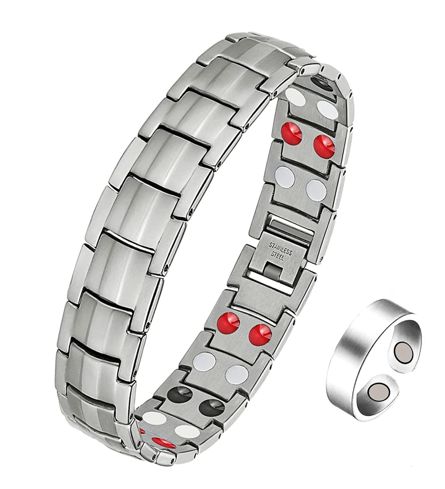Jeracol Men Magnetic Bracelet & Copper Magnetic Ring Set - Ultra Strength Titanium Steel Brazaletes & Glossy Ring (3500 Gauss Magnets) - Adjustable Size - Silver - with Gift Box - Buy Online on GoSupps.com