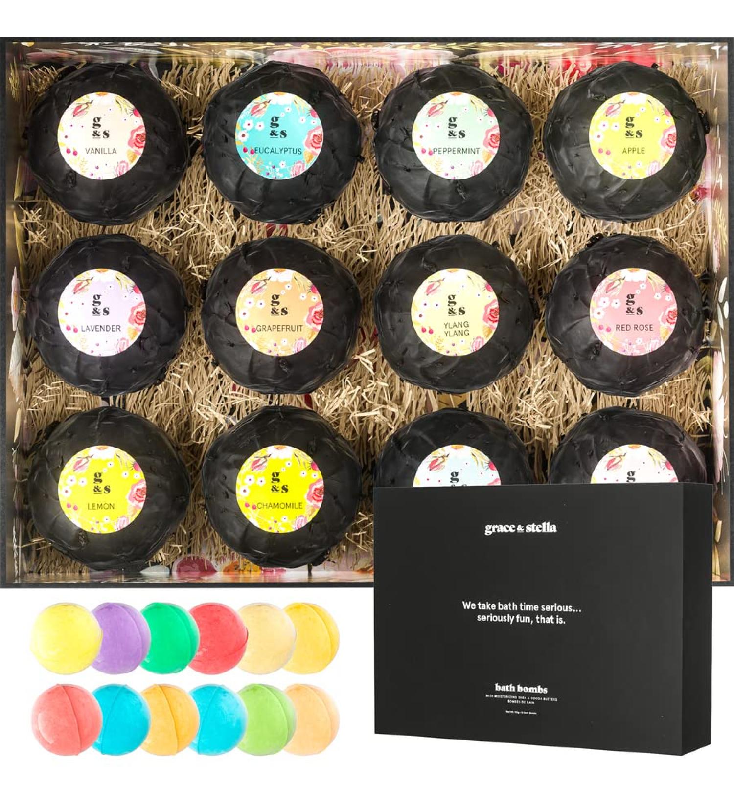Organic Bath Bombs Women (12 XL) Natural Vegan Set with Essential Oils - Relaxing Valentines Gifts - Grace & Stella - Buy Online on GoSupps.com