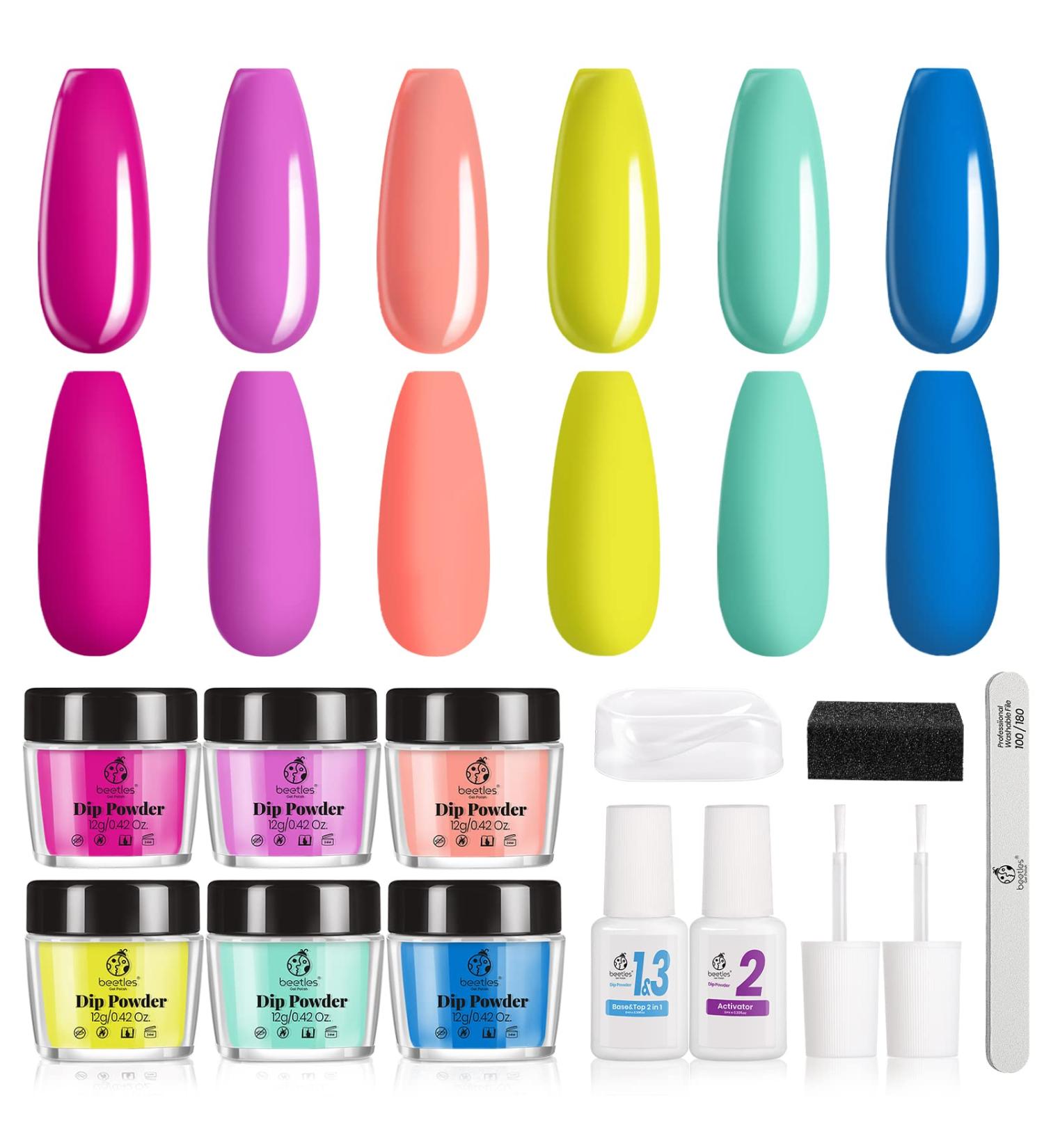 Beetles Dip Powder Nail Kit - 6 Bright Summer Colors - Pool Party Hot Pink Yellow Green Blue - Dipping Powder Set with Base Top Coat Activator & Nail File - No LED Lamp Needed - Buy Online on GoSupps.com