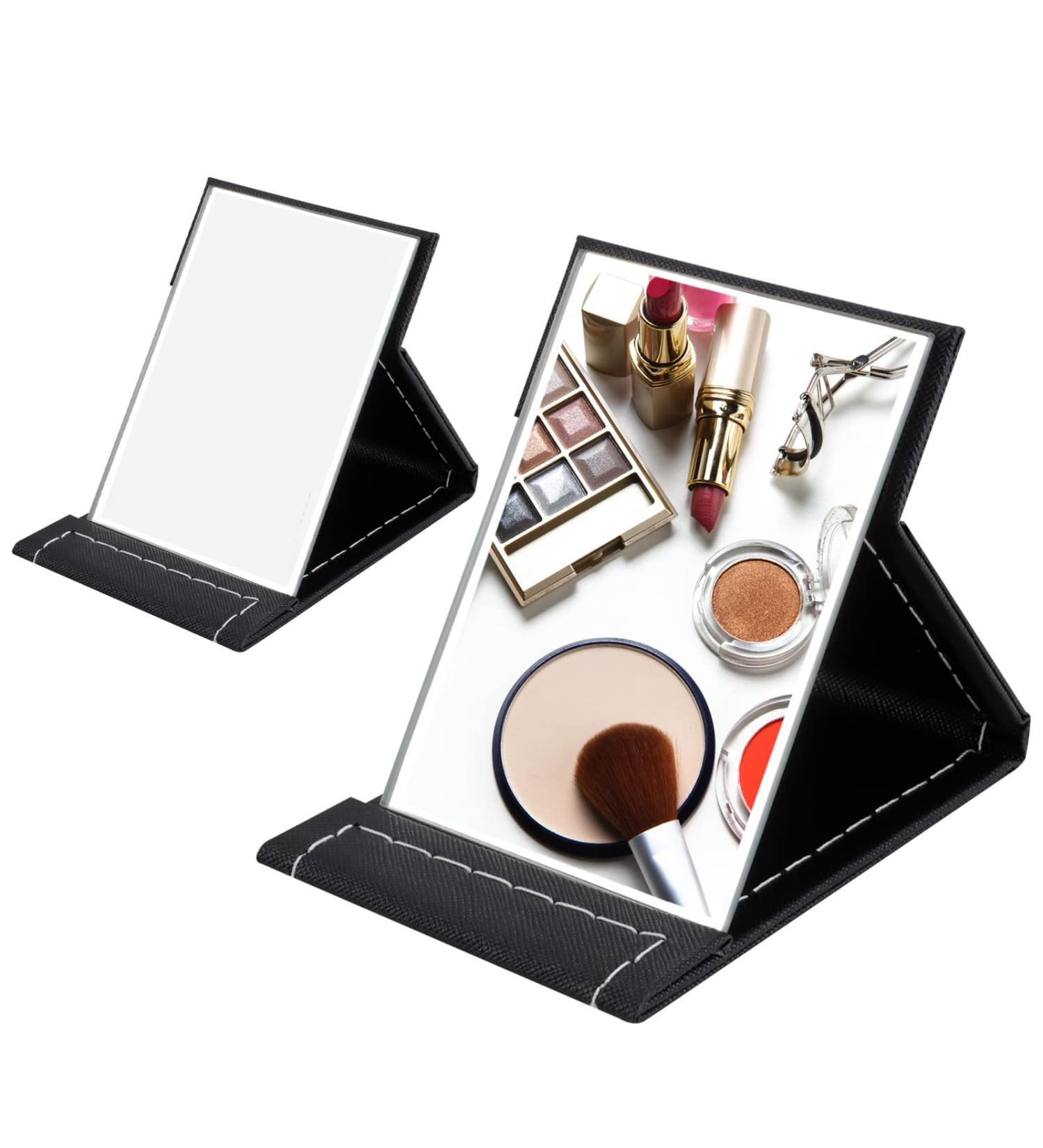 SITAKE Portable Folding Makeup Mirror 2 Pcs Set | Adjustable Stand, PU Leather Desktop Vanity Mirror | Ideal for Personal, Office, and Travel | Mini & Large | Black - Buy Online on GoSupps.com