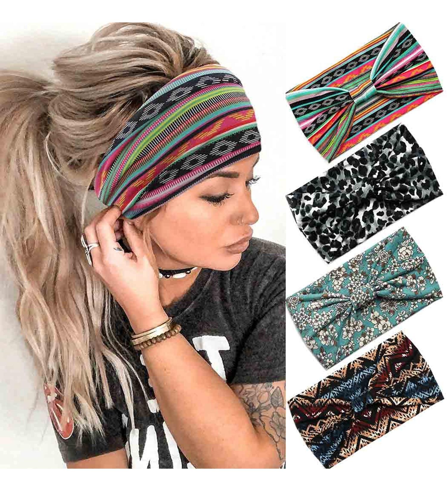 Aceorna Boho Headbands - Set of 4 Wide Bandeau Hair Bands for Women and Girls - Leopard Twist Turban Head Wraps - Elastic Yoga Sweatband - Stylish Head Accessories - Buy Online on GoSupps.com