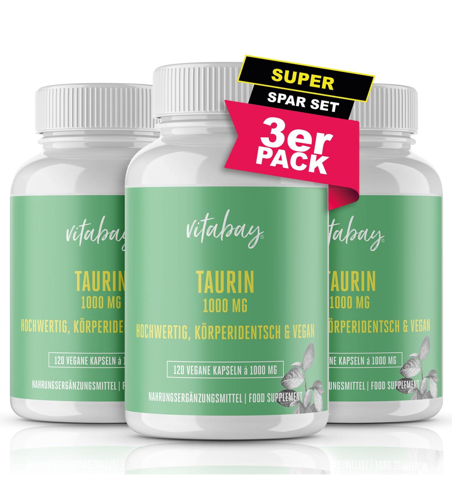 Vitabay Taurin Capsules 1000mg - High-Dose Vegan Taurine (360 Count) - Pure Amino Acid No Additives | International Shipping Available - Buy Online on GoSupps.com