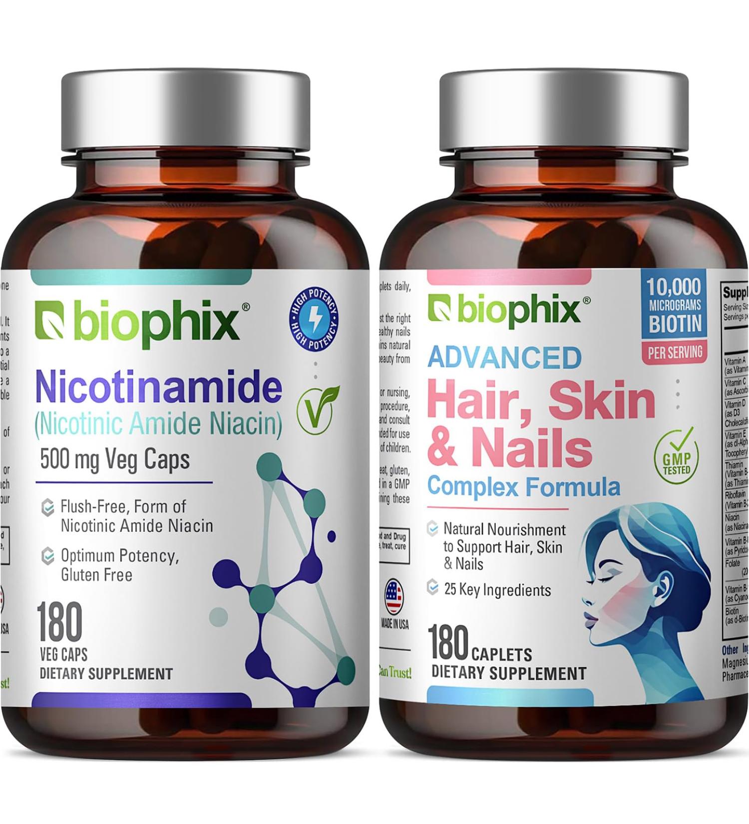 B-3 Nicotinamide 500 mg 180 Vcaps - Hair Skin and Nails 180 Caplets 10000 mcg Biotin - Nicotinic Amide Niacin Natural Flush-Free Vitamin Formula - Supports Skin Cell Health