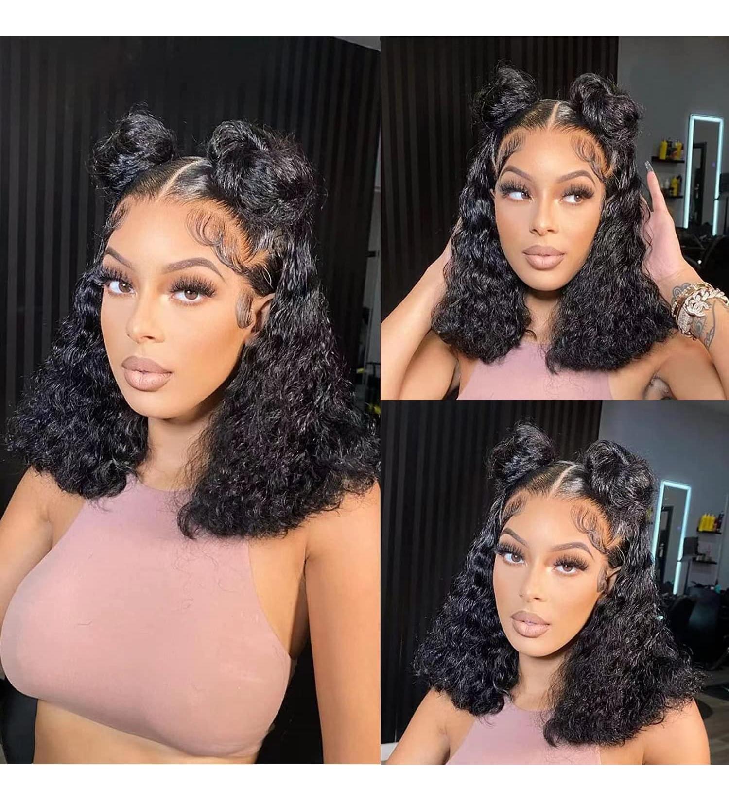 Durreley Bob Wig Human Hair 13x4 Water Wave Lace Front Short Bob Wigs for Black Women - 14 - 180% Density - Glueless Wet and Wavy HD Lace Front Wig Pre Plucked with Baby Hair - Buy Online on GoSupps.com