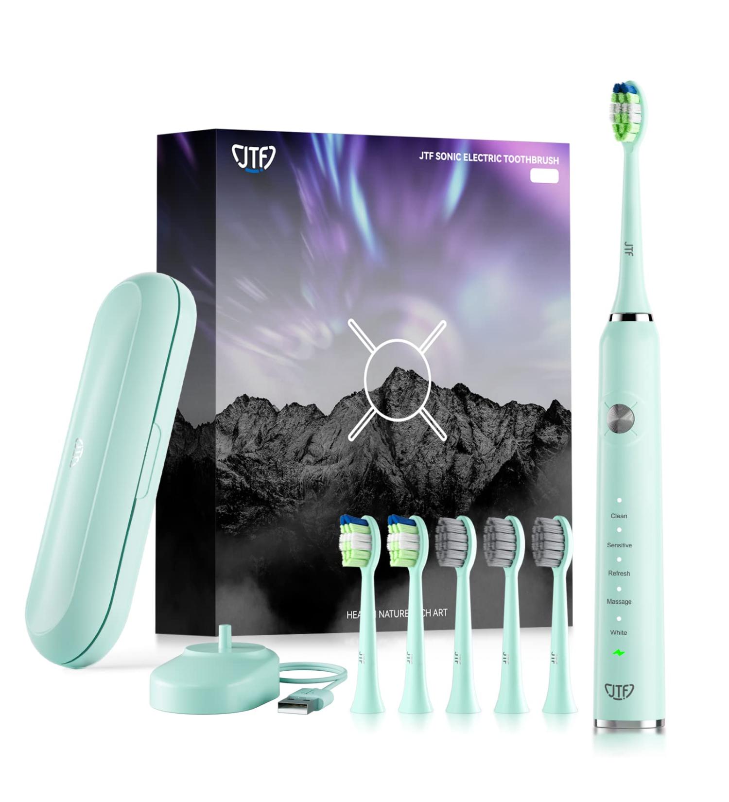 JTF Electric Toothbrush - 6 Brush Heads Travel Case & Wireless Quick Charge | Smart Timer & 5 Modes for Whiter Teeth - Green - Buy Online on GoSupps.com