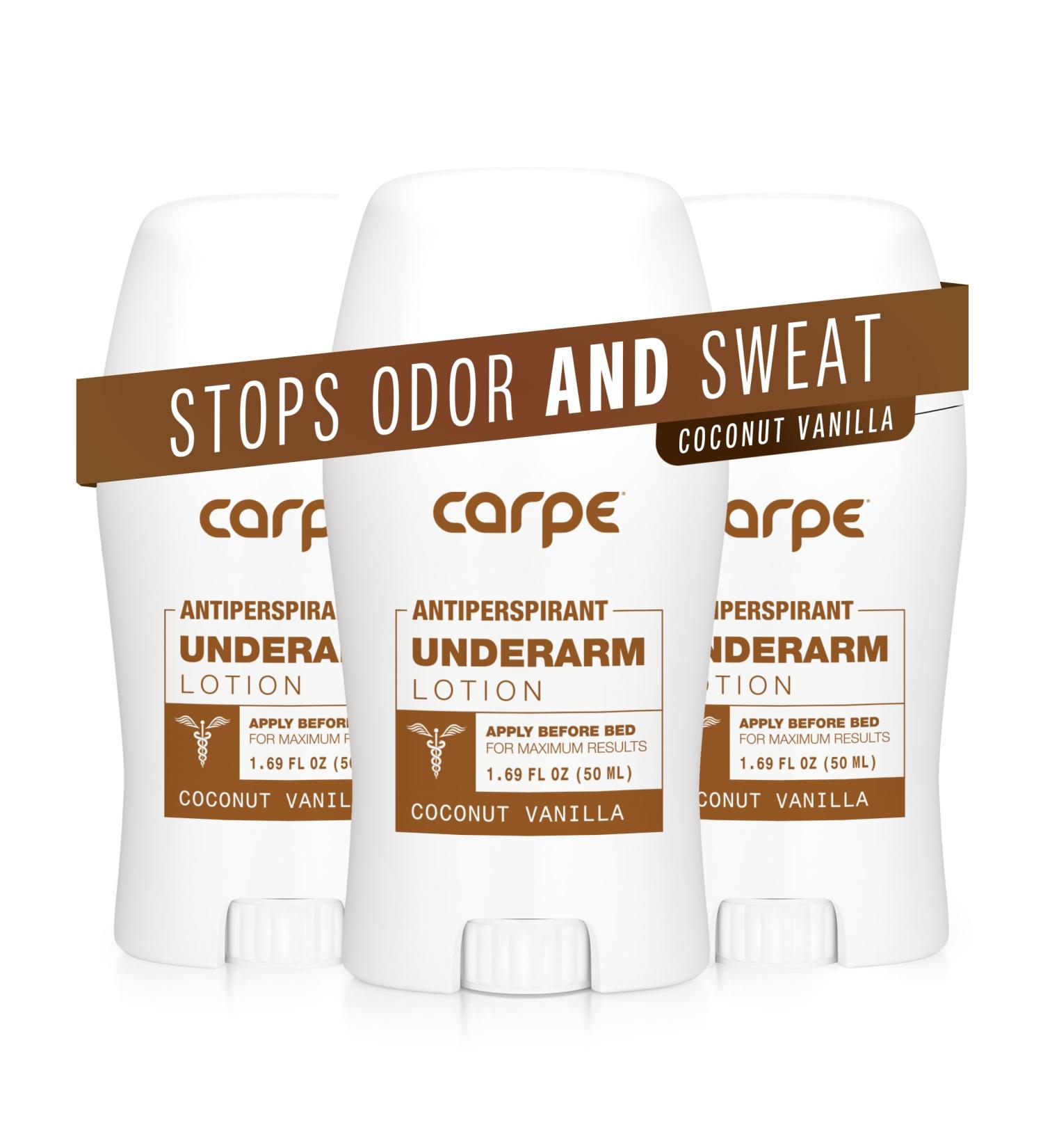 Carpe Underarm Antiperspirant and Deodorant Clinical strength with Coconut Vanilla scent Combat excessive sweating Stay fresh and dry Great for hyperhidrosis (Pack of 3) Coconut Vanilla 1.69 Fl Oz (Pack of 3) - Buy Online on GoSupps.com