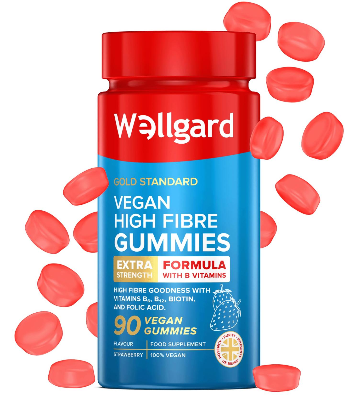 Vegan High Fibre Gummies Wellgard High Strength Fibre Gummy Vitamins B B Biotin and Folic Acid Strawberry Flavour UK Formulated - Buy Online on GoSupps.com