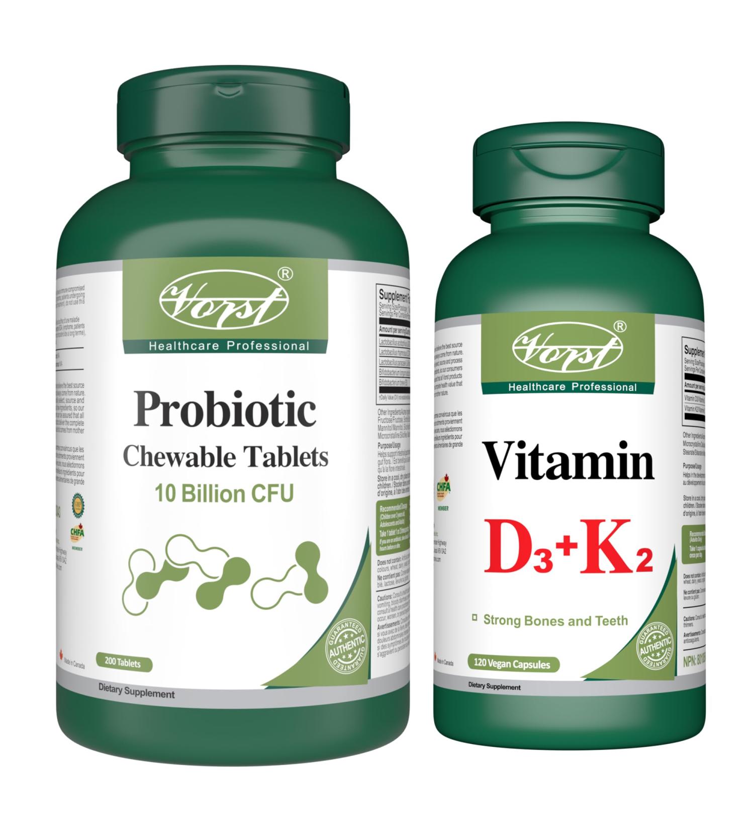 VORST Probiotics 10 Billion 200 Chewable Tablets and Vitamin D3 K2 120 Capsules - Buy Online on GoSupps.com
