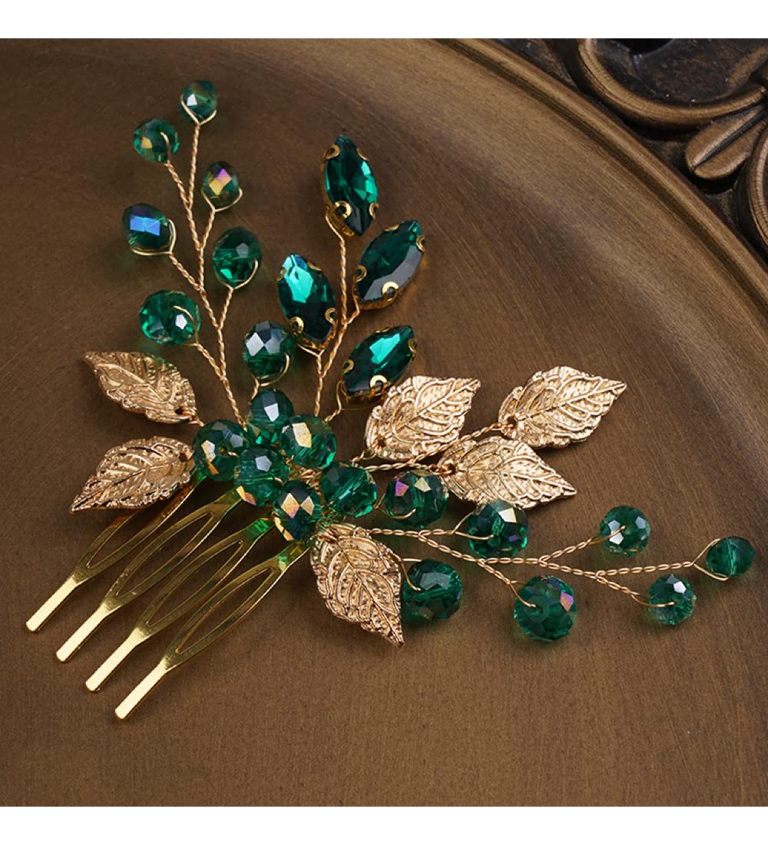 BERYUAN Gold Leaf Headpiece with Emerald Green Crystal - Wedding Hair Accessory Comb for Bride and Bridesmaid - Buy Online on GoSupps.com