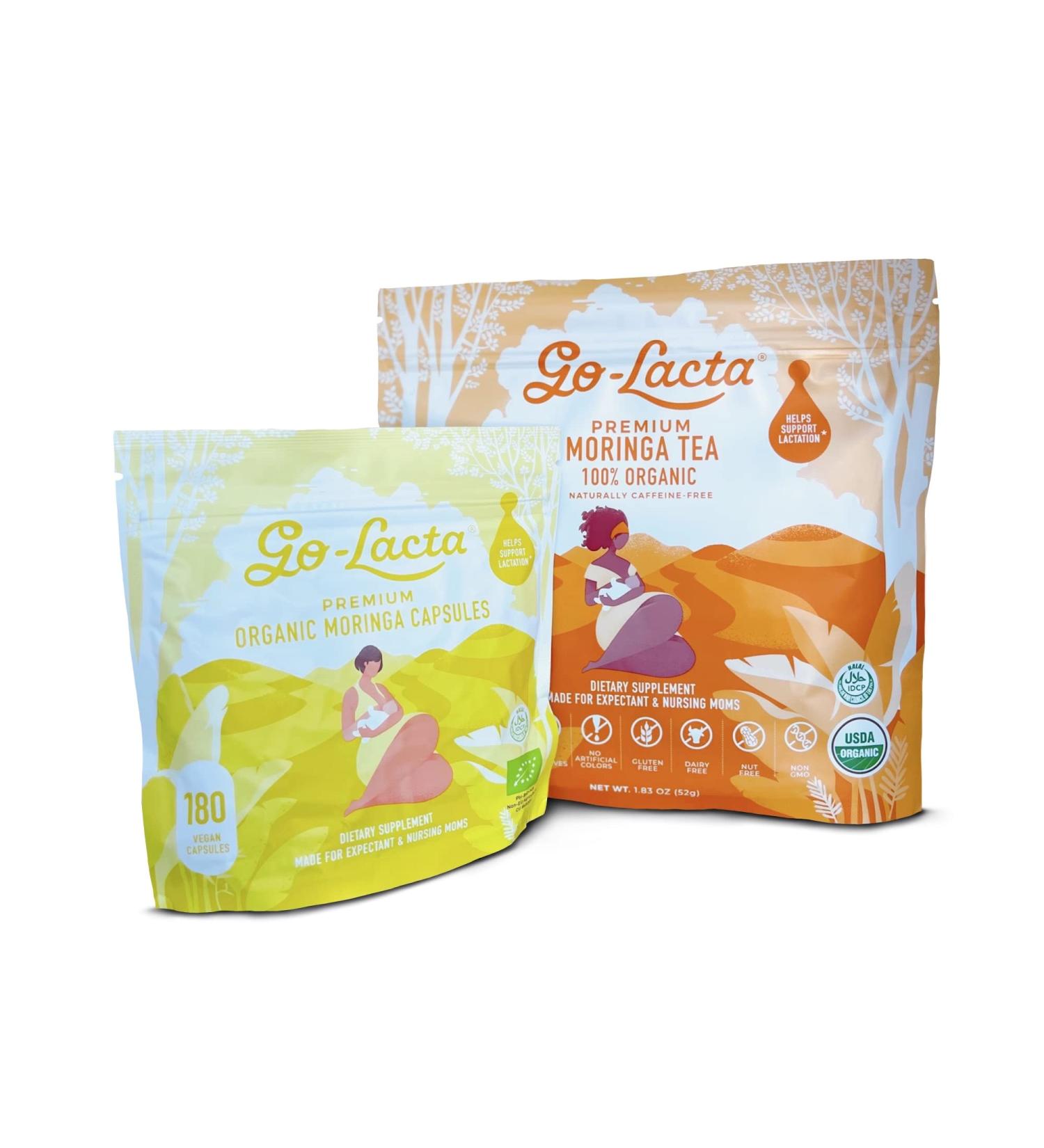 Go-Lacta Organic Moringa Capsules and Tea Breastfeeding Bundle - 180 Capsules and 16 Tea Bags - Pure Premium Postnatal Vitamins for Breastfeeding Moms - Organic Moringa Tea Bags - Buy Online on GoSupps.com