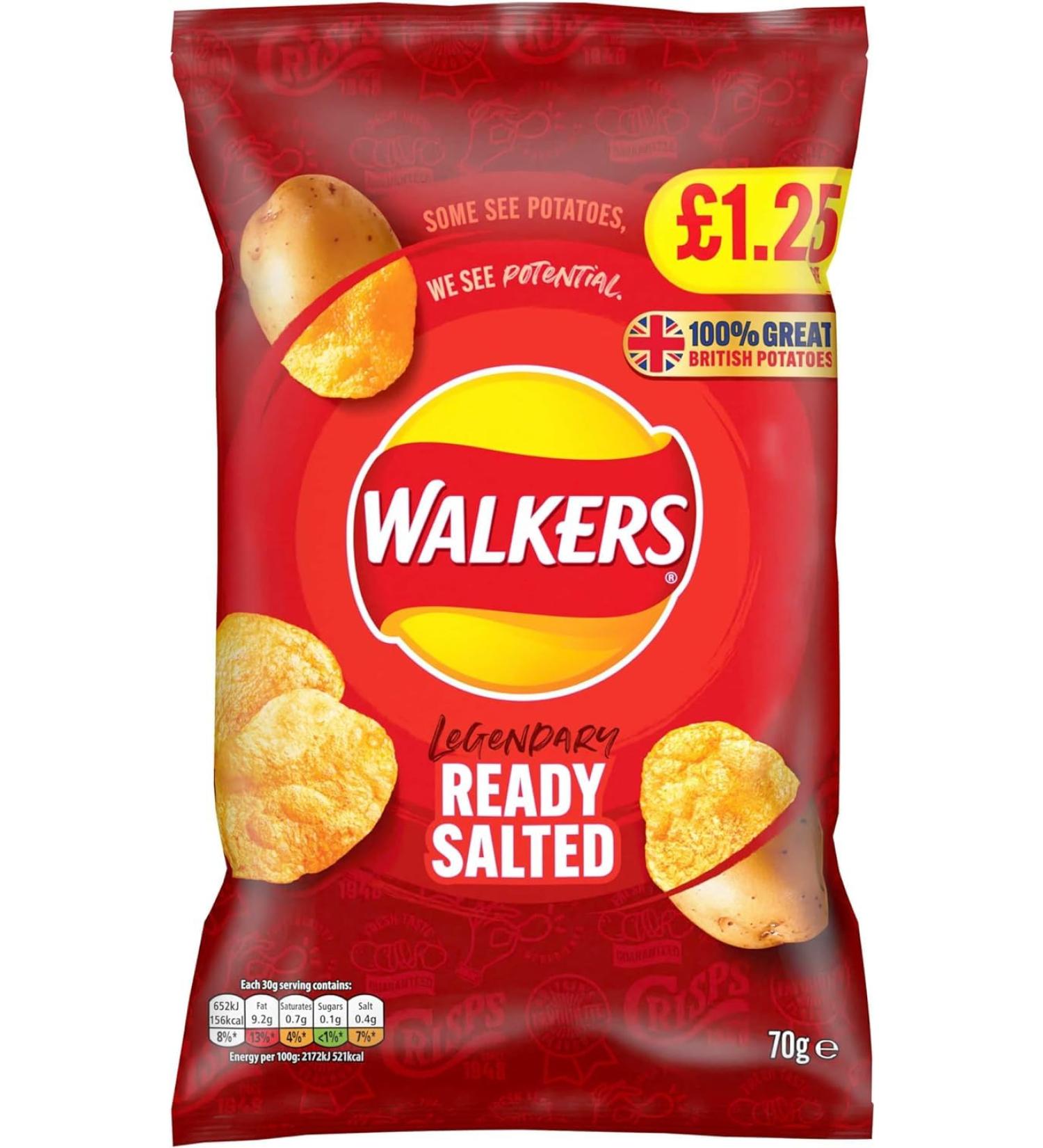 Walkers Ready Salted Crisps 70g Sharing Bags Legendary Classic Crisps (18 Bags x 70g)