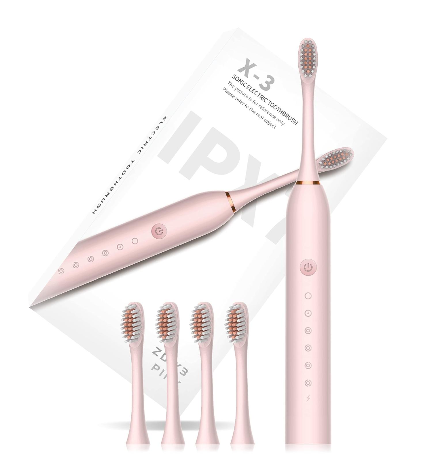 KANG Weite Sonic Electric Toothbrush: USB Rechargeable, 6 Modes, 4 Brush Heads | IPX7 Waterproof, for Adults and Kids - Pink - Buy Online on GoSupps.com
