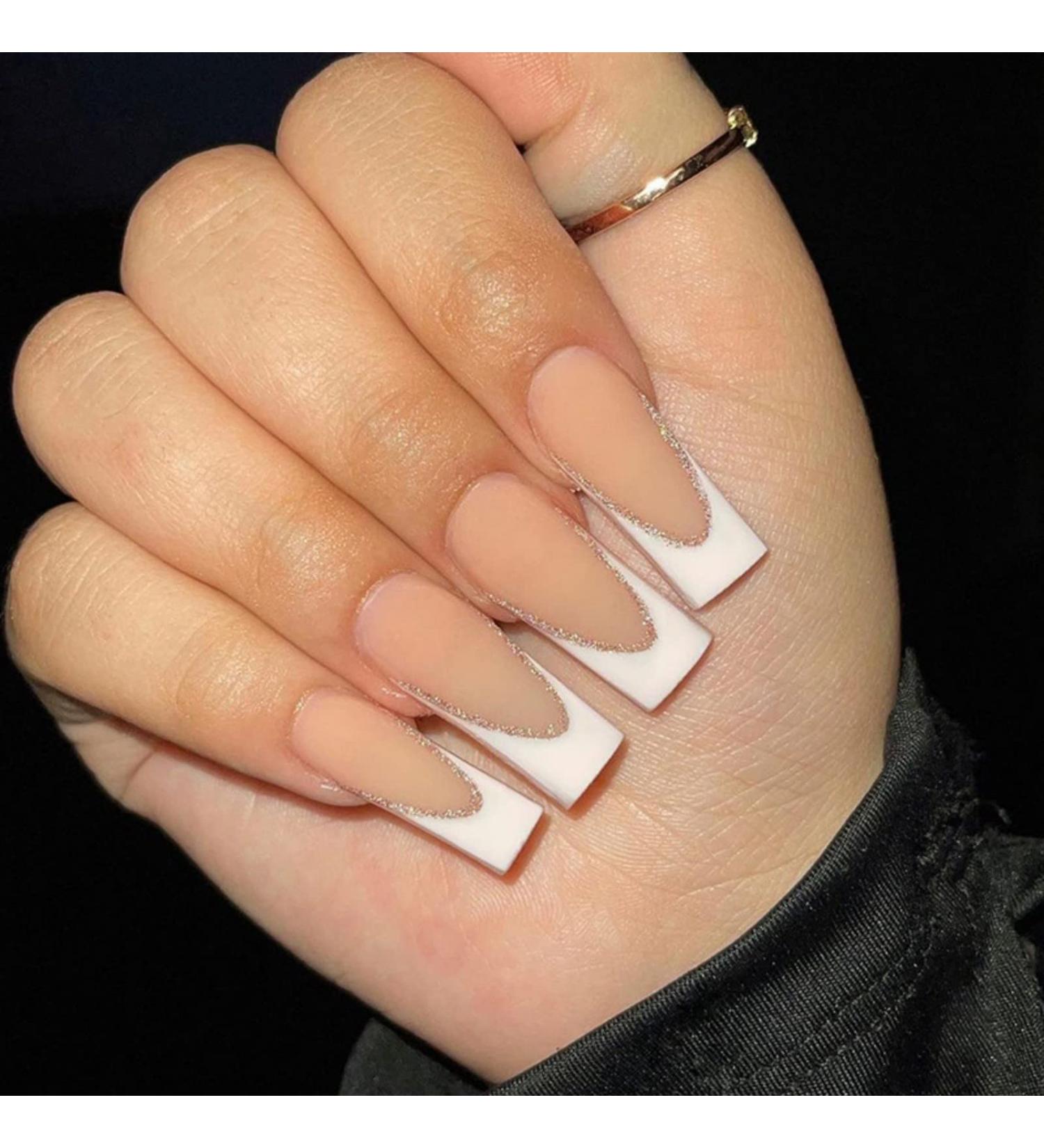 Justotry 24pcs White French Press On Nails - Glitter Line Ballerina Artificial Nails for Women | Beautiful Medium Fake Nails - Buy Online on GoSupps.com