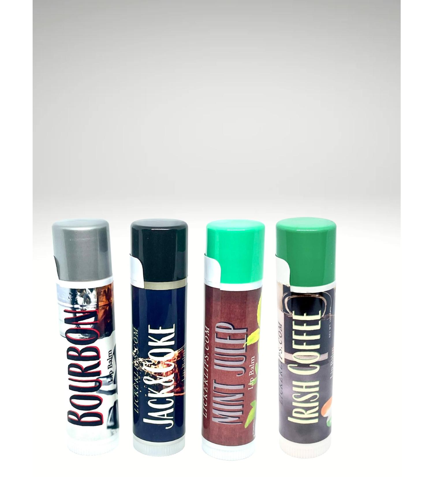 Bourbon Lip Balm 4-Pack Whiskey Flavored Lip Care - Irish Coffee Jack'n Cola Mint Julep and Bourbon Flavor - Smooth Bold & Irresistible! - Buy Online on GoSupps.com