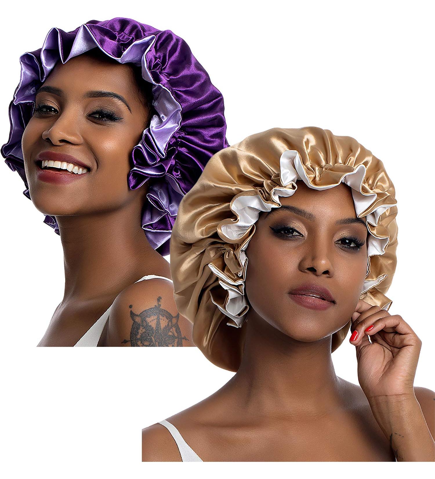 Silk & Satin Sleeping Cap for Curly Hair | Double-Layered Large Hood for Black Women | Natural Hair Protection in Violet & Champagne - Buy Online on GoSupps.com