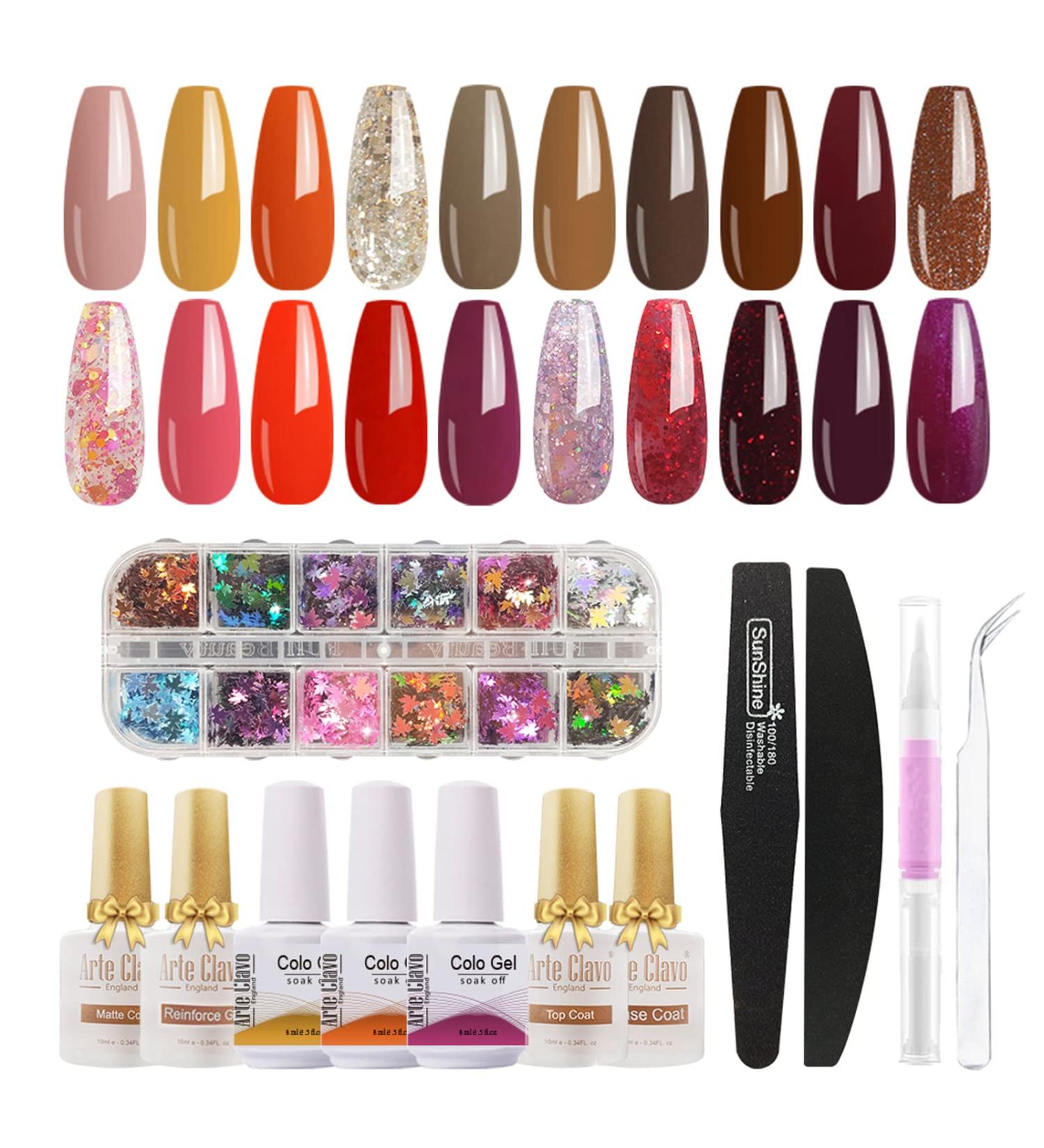 Arte Clavo Gel Nail Colors 29PCS Set with Top Coats & Base Coat - Red, Brown, Orange and Glitter UV Gel Varnish Starter Kit | S2402 Brown Orange Collection - Buy Online on GoSupps.com