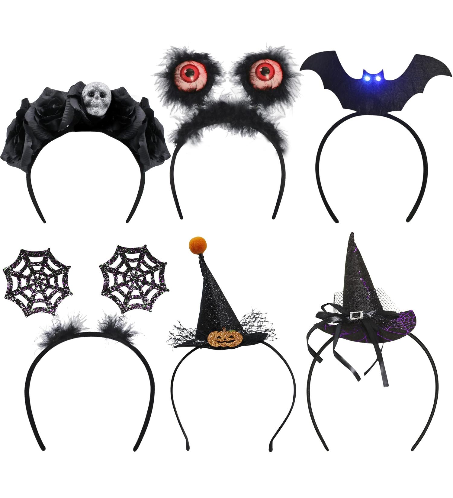 ATDAWN Halloween Headbands - 6 Pack Witch Hat, Eyeball Boppers, LED Flashing Eyes, Spider Web, Rose Floral Crown, Skull - Cosplay Party Accessories - Buy Online on GoSupps.com