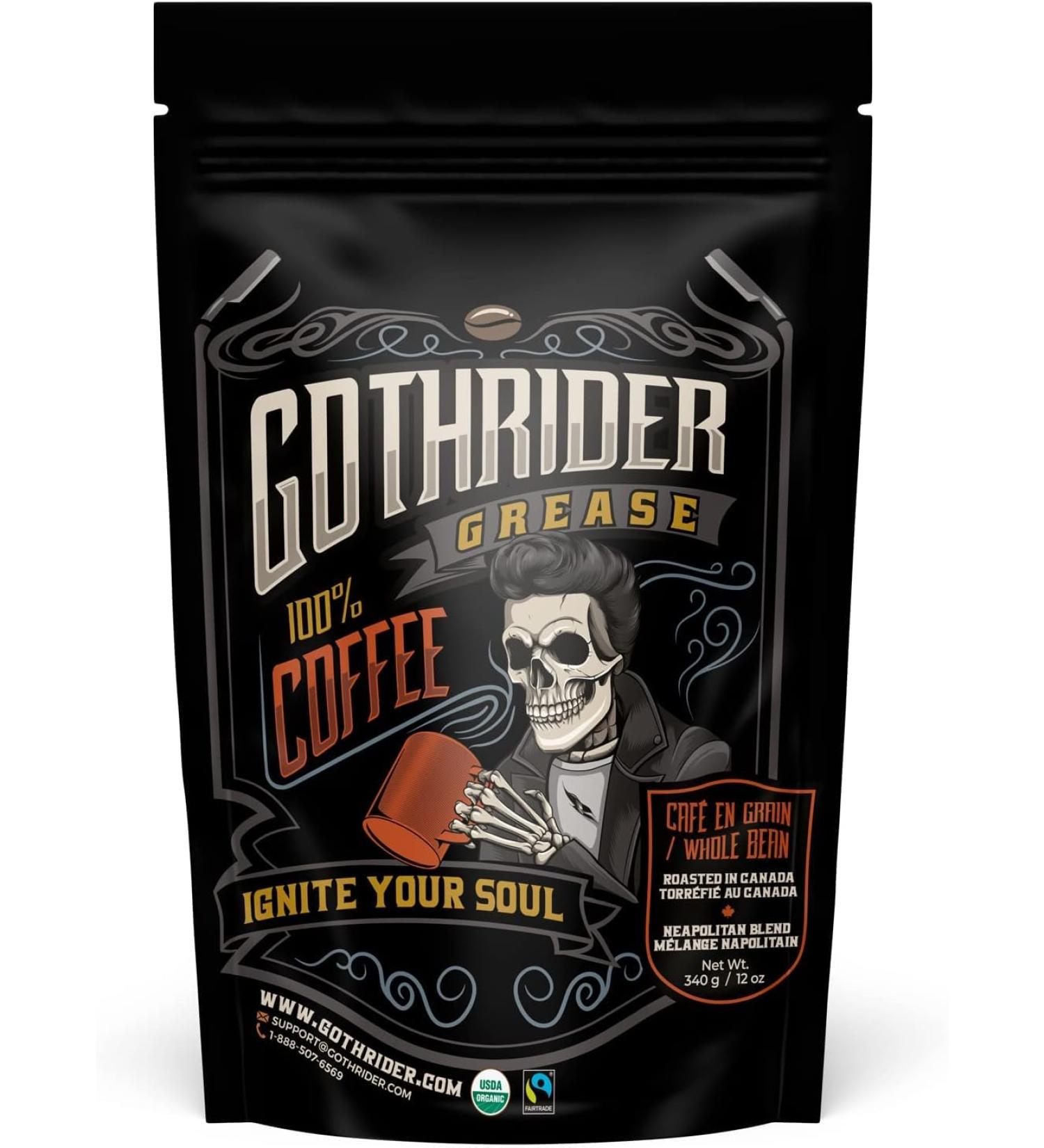 GothRider Grease Whole Bean Coffee (12 oz) - USDA FairTrade and COR Certified Organic Coffee Beans Slow-Roasted Coffee Beans Neapolitan Blend Dark Roast Whole Bean Coffee - Buy Online on GoSupps.com