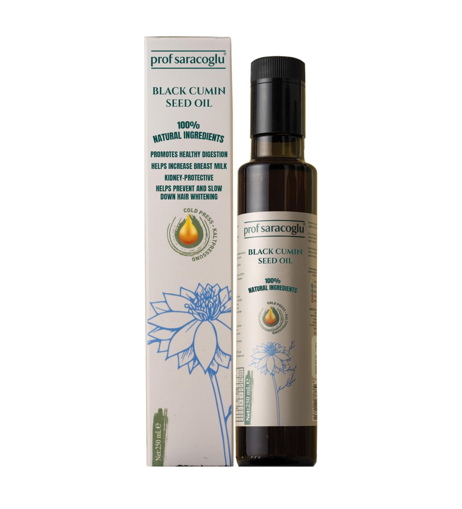 Prof Saracoglu Premium Black Seed Oil Cold Pressed (Glass Bottle) - 100% Turkish Nigella Sativa - Unrefined & Solvent Free - Liquid Black Cumin for Hair, Skin & Immune Support - Non-GMO, Mild Taste - 8.45 Fl Oz (250ml) - Buy Online on GoSupps.com