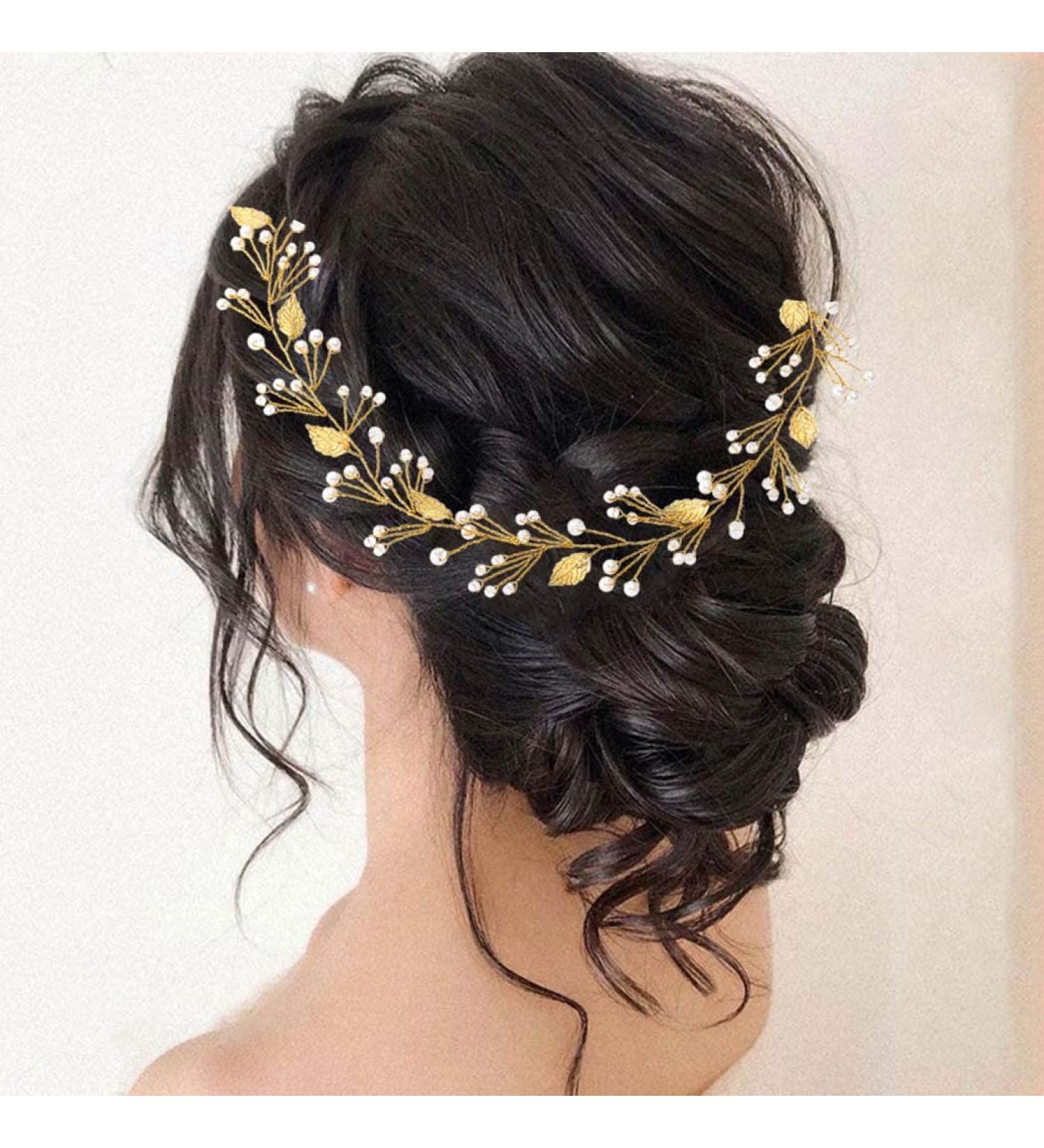 Handcess Gold Pearl Wedding Hair Vines | Elegant Bride & Bridesmaid Headpieces with Leaves & Strass - Buy Online on GoSupps.com