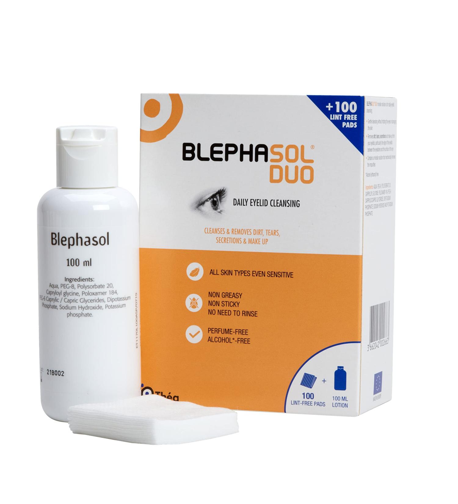 THEA PHARMA Blephasol Duo 100ml Eyelid Cleansing Micellar Lotion with 100 Cotton Pads | Preservative-Free Formula for Daily Eye Care | Ideal for Contact Lens Users - Buy Online on GoSupps.com
