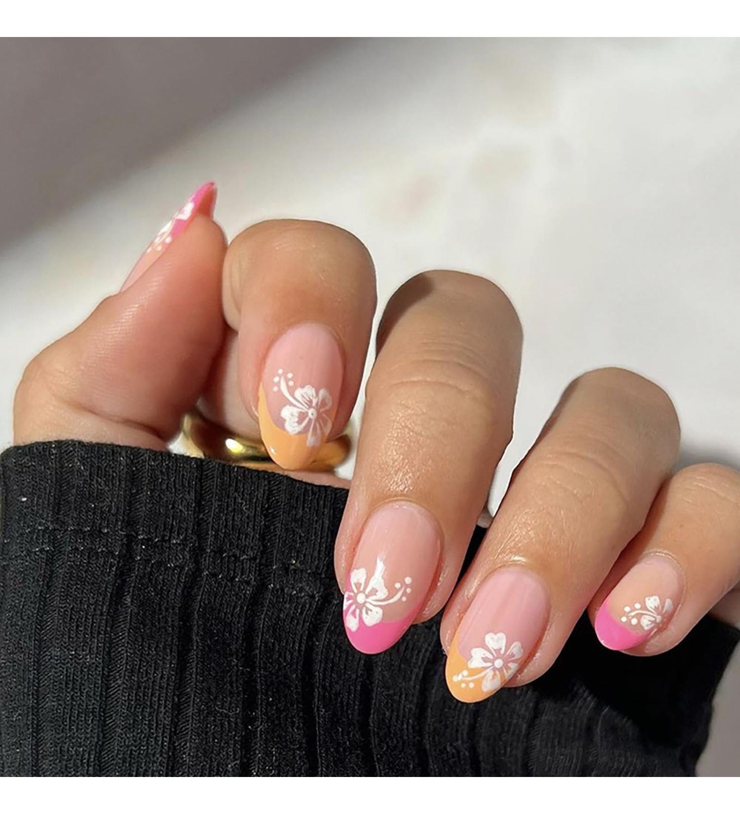 Buy French Tip Press On Nails - Short Almond Floral Designs | Glossy Full Cover Fake Nails - 24 Pcs for Women & Girls - Buy Online on GoSupps.com