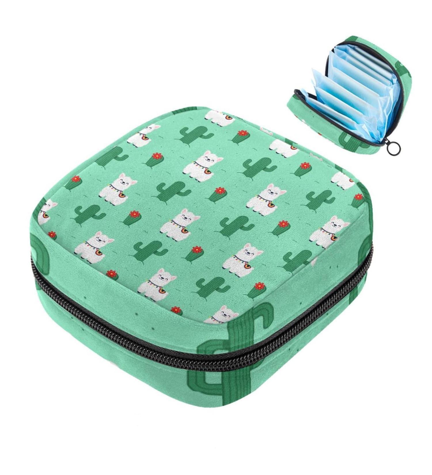 Cute Lama Alpaca Cactus Flower Storage Bag | Women's Menstrual Pad & Cup Zipper Bag for Teens & Girls - Buy Online on GoSupps.com
