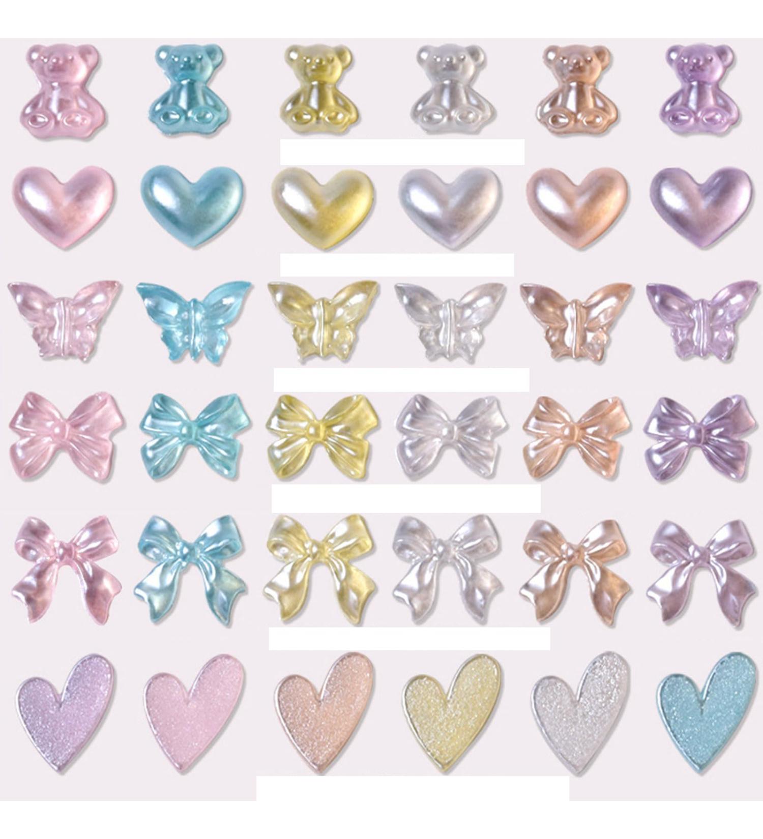 Heart Nail Charms 300PCS Mixed Bear Butterfly Bowknot Bow Nail Gem Pearlescent Color Resin Nail Art Decorations Accessories for Women Girls DIY Nail Design - Buy Online on GoSupps.com