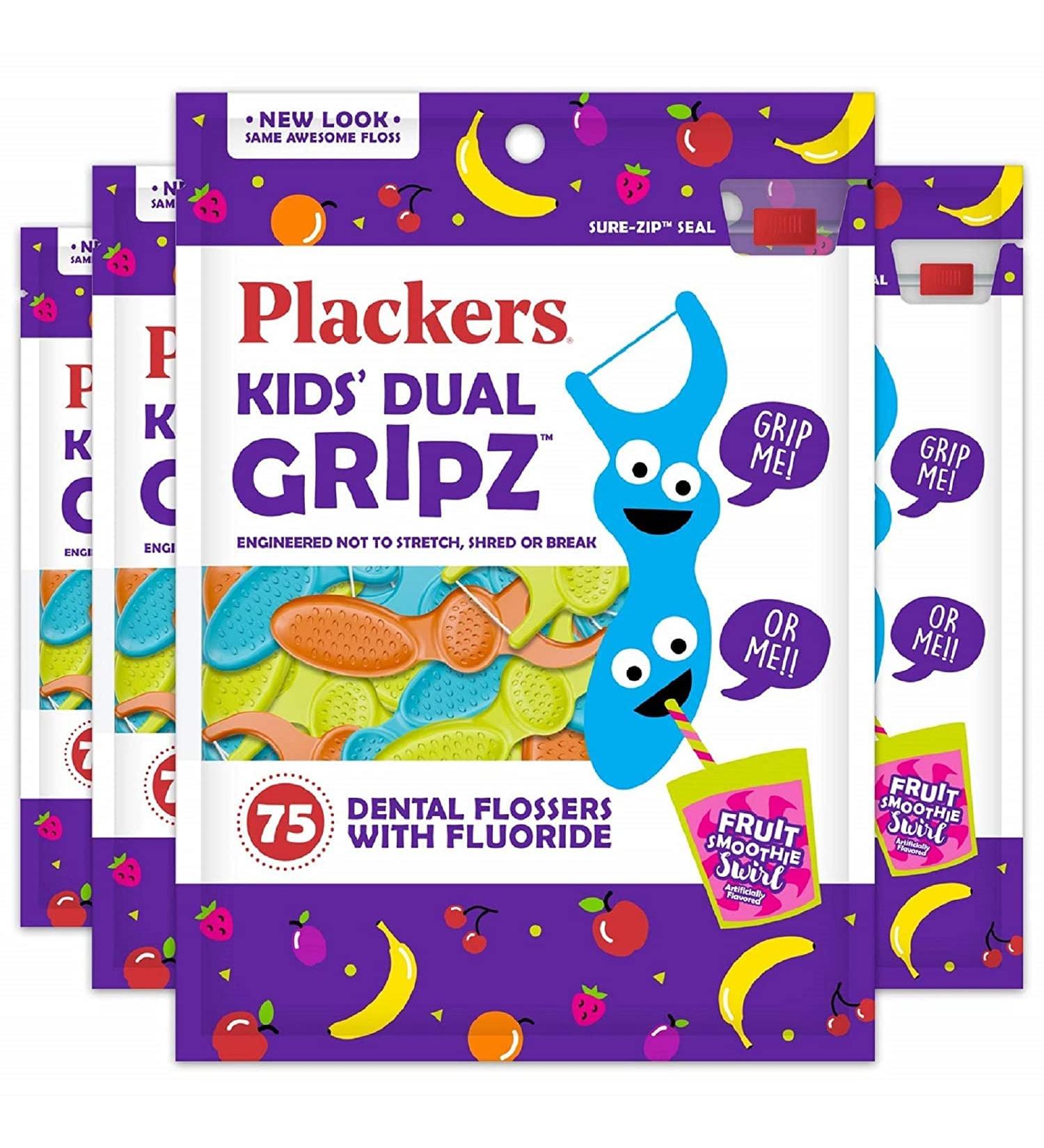 Plackers Kids Dual Gripz Flossers with Fluoride - Fruit Smoothie Swirl Flavor - 75 Count (Pack of 4) - Buy Online on GoSupps.com