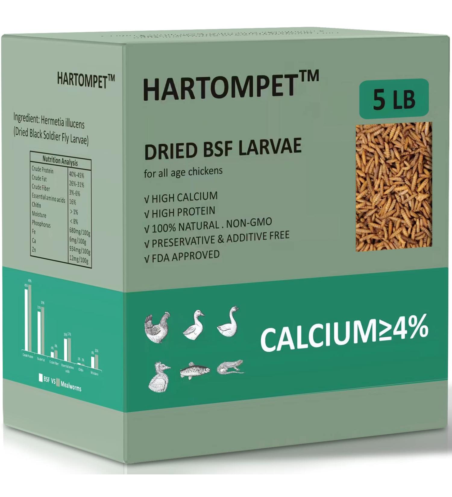 HARTOMPET Dried Black Soldier Fly Larvae - 5lbs & 10lbs - Meal Worms for Chickens & Birds - Poultry Feed Molting Supplement - Oven Dried BSF Larvae 5lb Pack - Buy Online on GoSupps.com