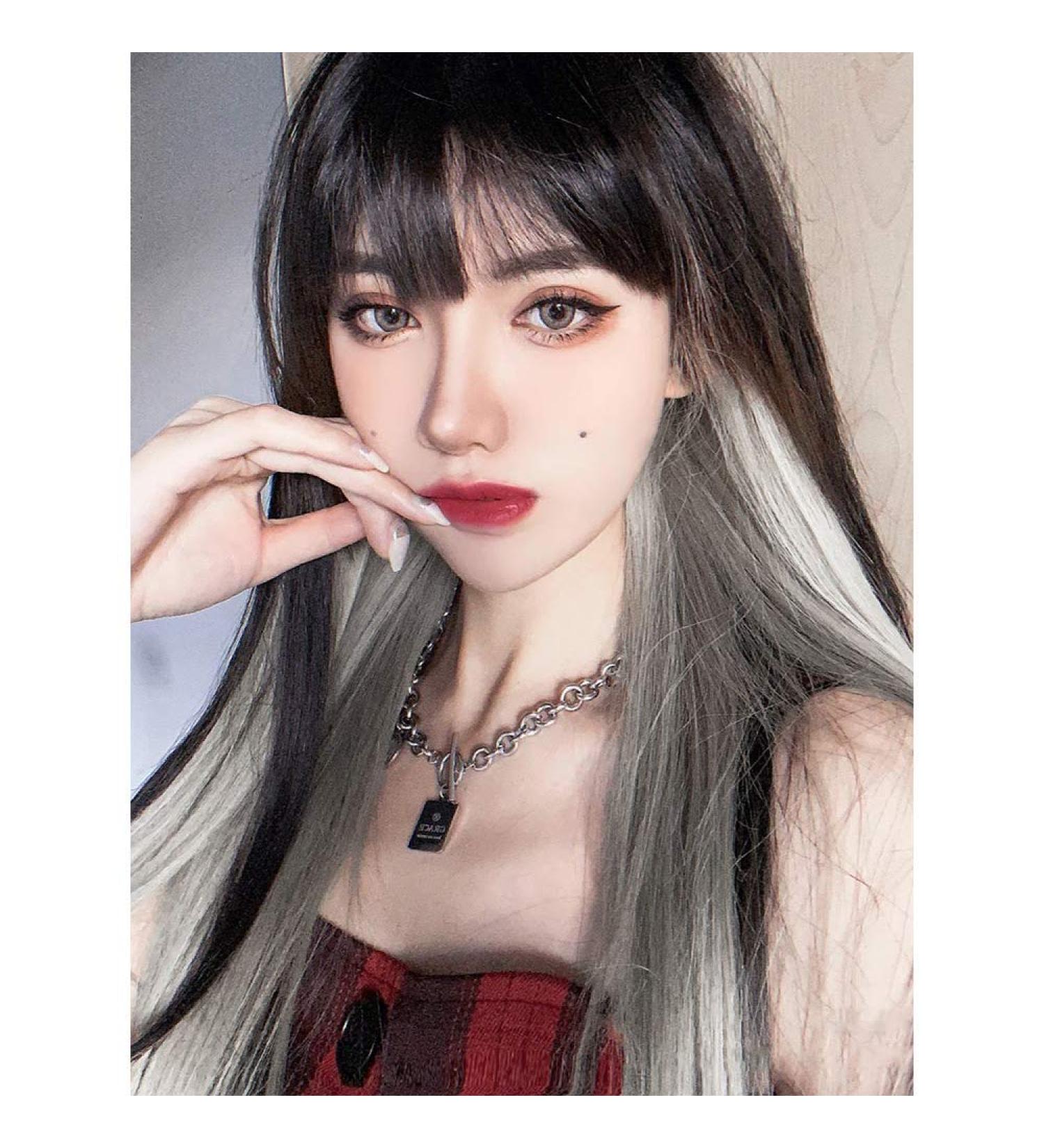 Kaneles Long Straight Black Mix Grey Wig with Bangs - Heat Resistant Synthetic Hair for Women - Buy Online on GoSupps.com