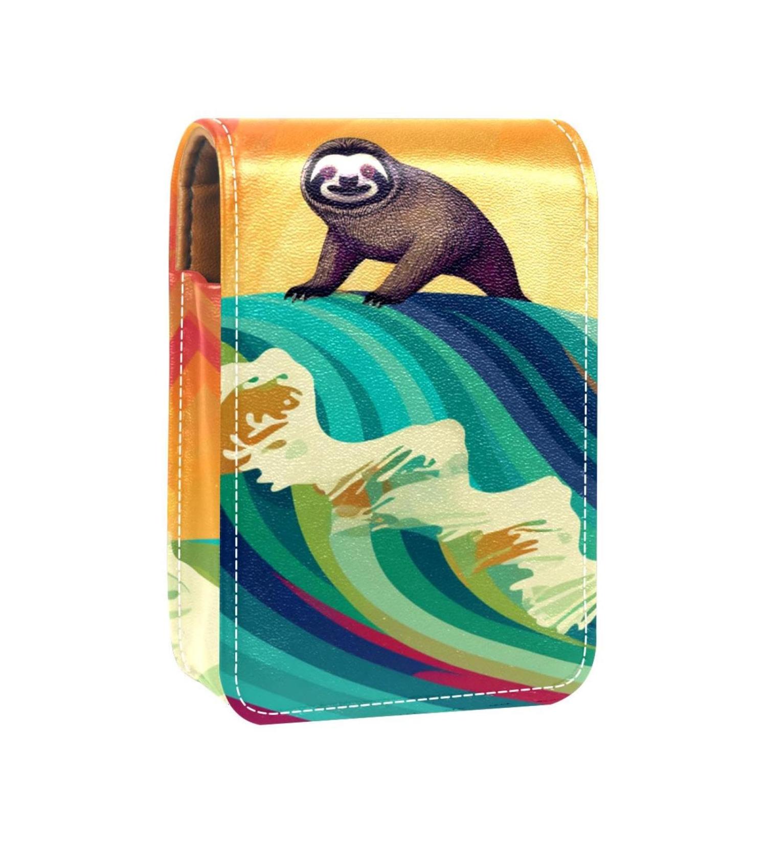 Travel Lipstick Organizer Case | Portable Makeup Bag with Mirror | Abstract Wave Sloth Surfing Design - Buy Online on GoSupps.com
