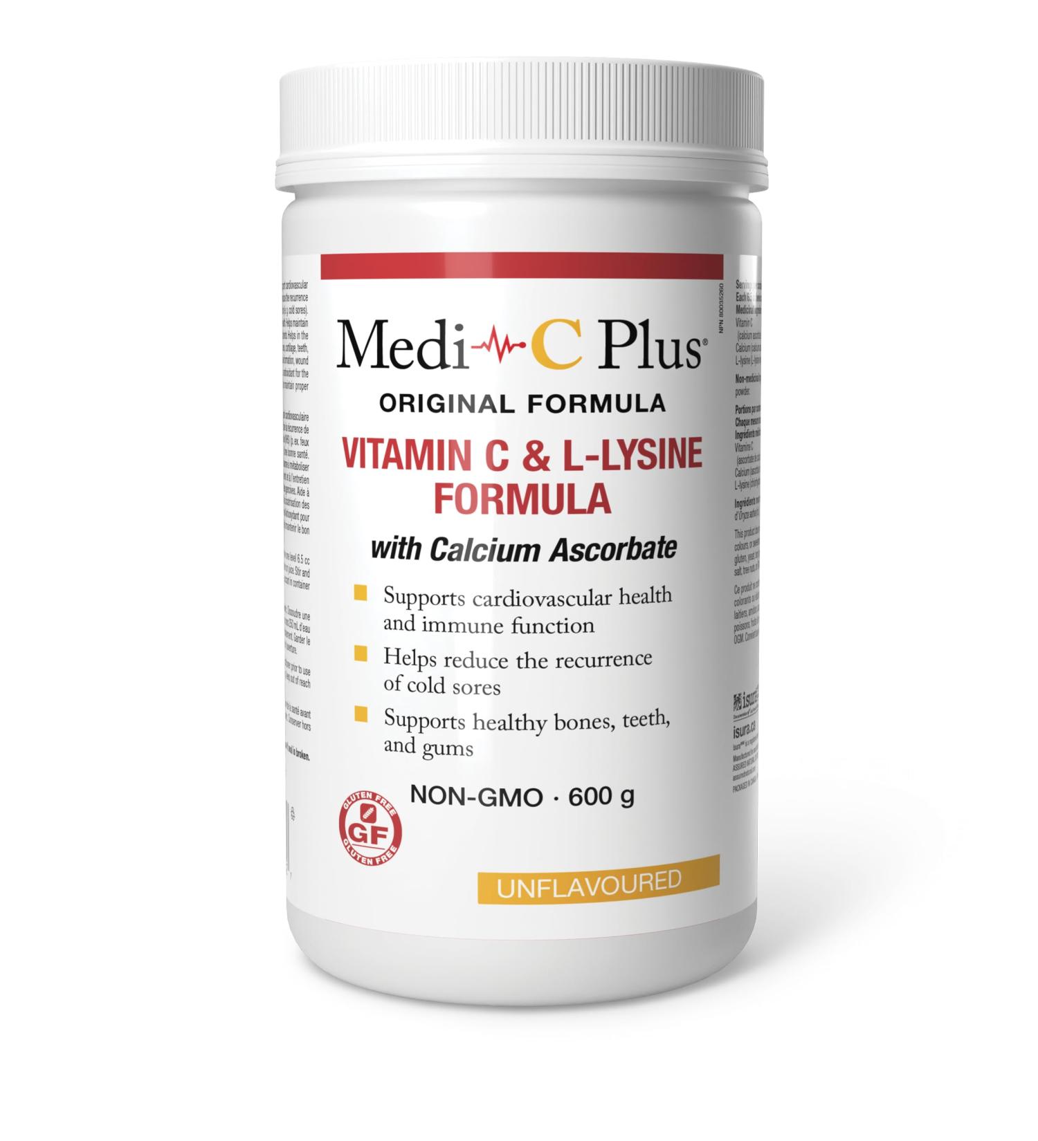 Medi-C Plus Vitamin C & L-Lysine with Calcium Powder 600 g Unflavoured Original Formula High Dose Vitamin C & L-Lysine Supports Cardiovascular Health and Immune Function Helps Reduce the Recurrence of Cold Sores - Buy Online on GoSupps.com