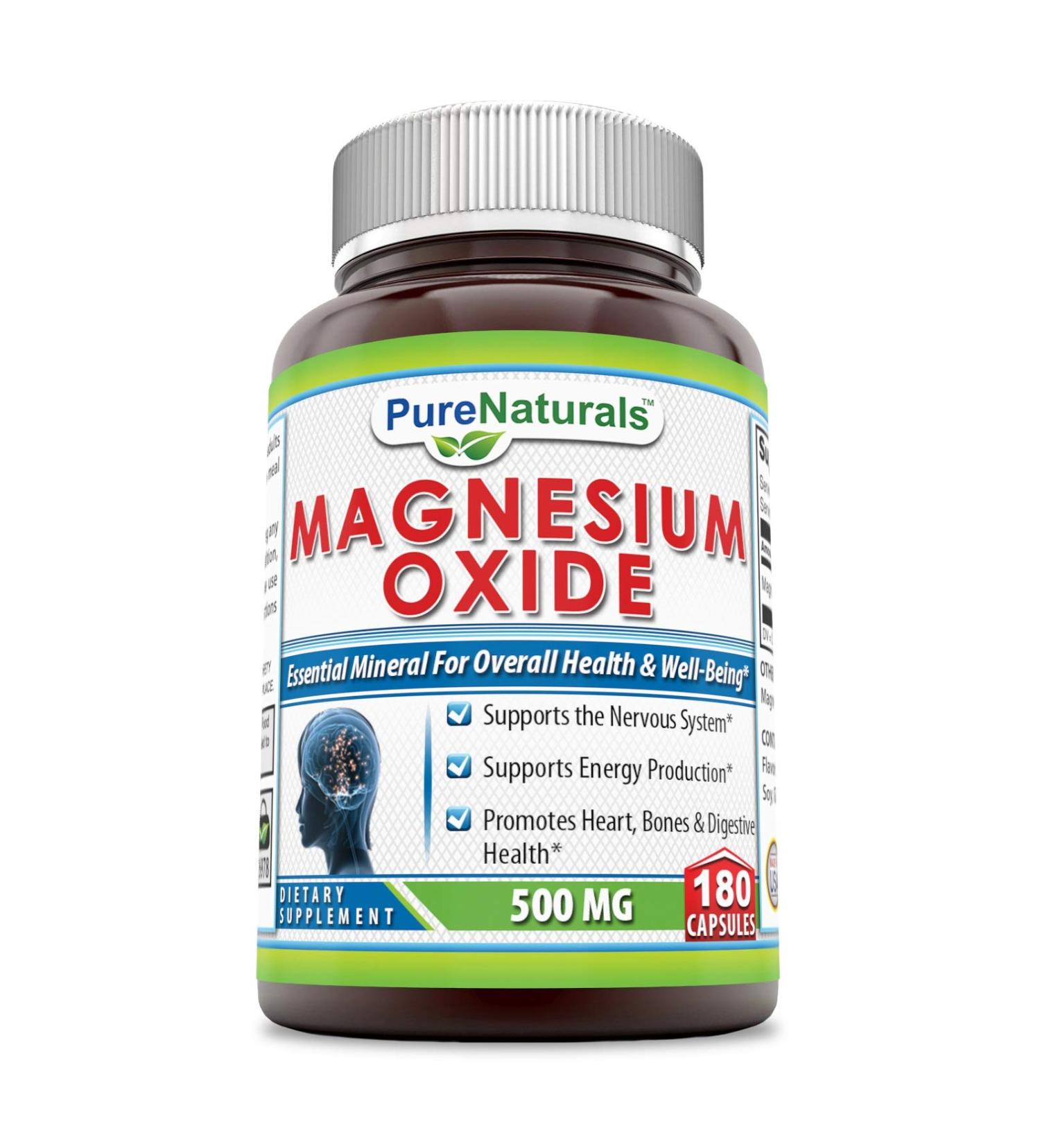 Pure Naturals Magnesium Oxide Supplement 500mg - 180 Capsules - Supports Nervous System & Heart Health - Promotes Digestive Health - Non-GMO Formula - Buy Online on GoSupps.com