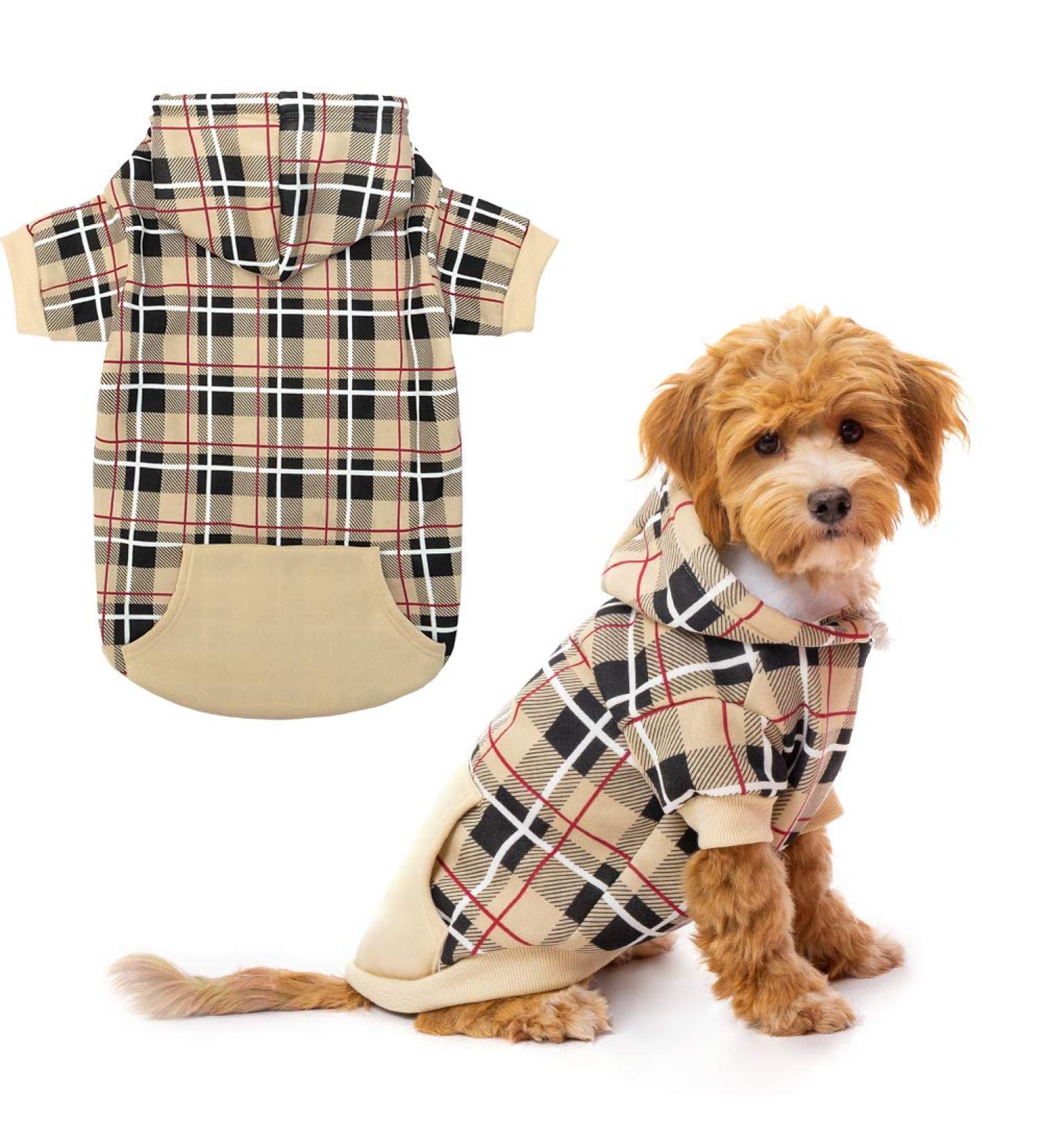 EXPAWLORER Plaid Dog Hoodie - Soft & Warm British Style Sweater for Dogs | Leash Hole | Cold Weather Clothes for Small, Medium, Large Dogs - Beige - Buy Online on GoSupps.com