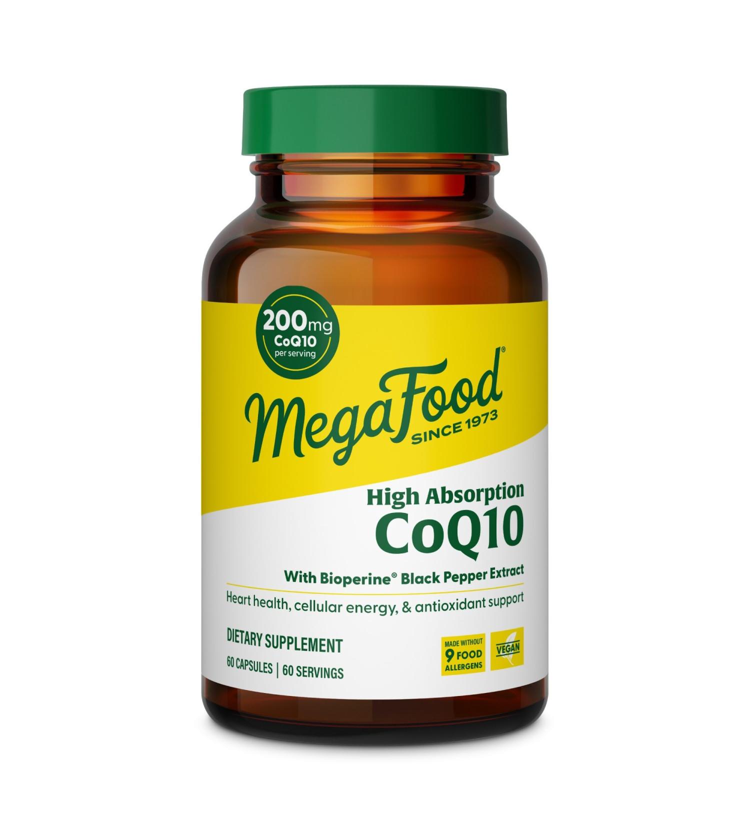 MegaFood High Absorption CoQ10 200mg Per Serving - with BioPerine Black Pepper Extract - Antioxidant Support for Cellular Energy & Healthy Aging - 60 Heart Health Supplements Capsules 60 Servings - Buy Online on GoSupps.com