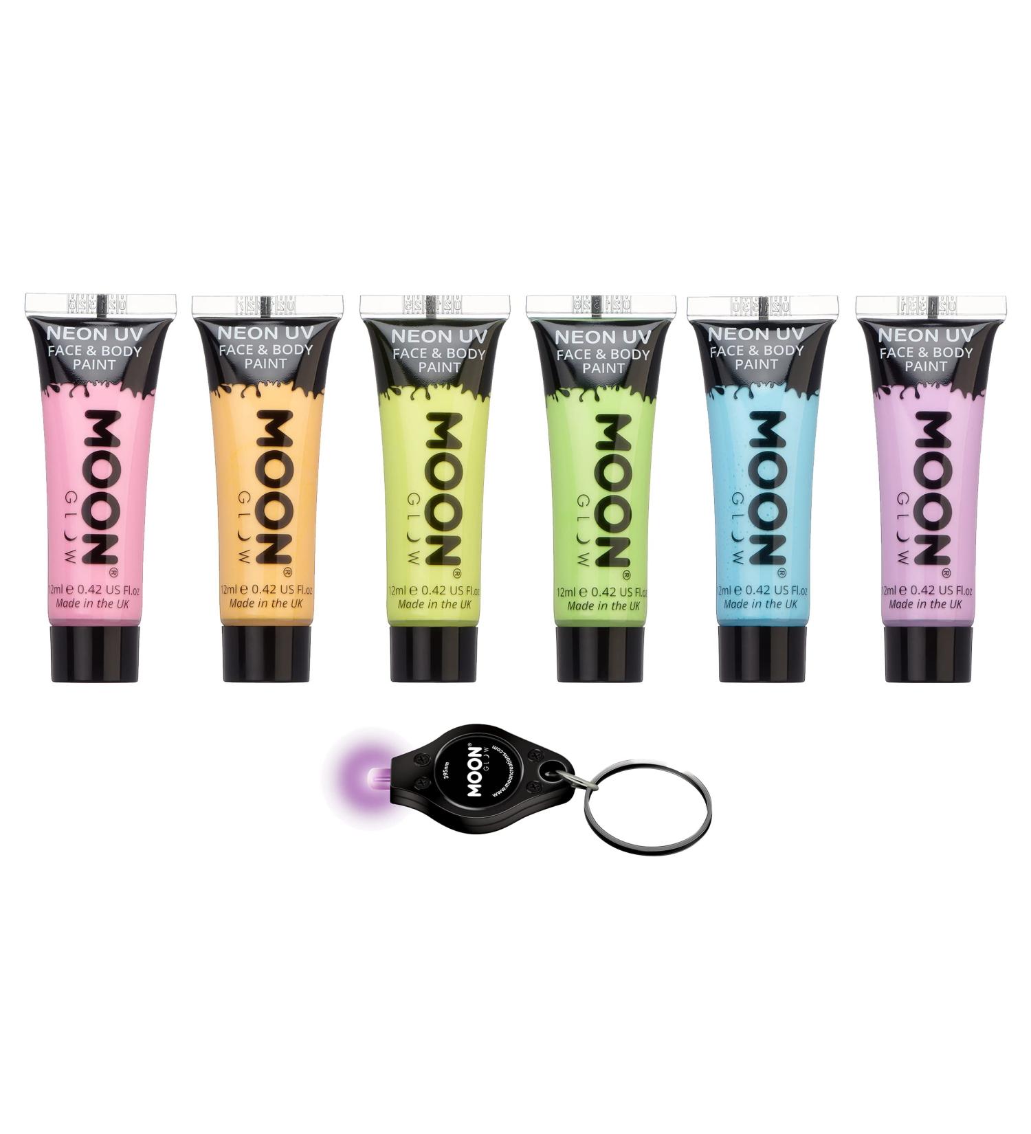 Moon Glow Pastel Neon UV Face and Body Paint Set - 6 Colors + UV Keychain (12ml) - Perfect for Festivals & Parties - Buy Online on GoSupps.com