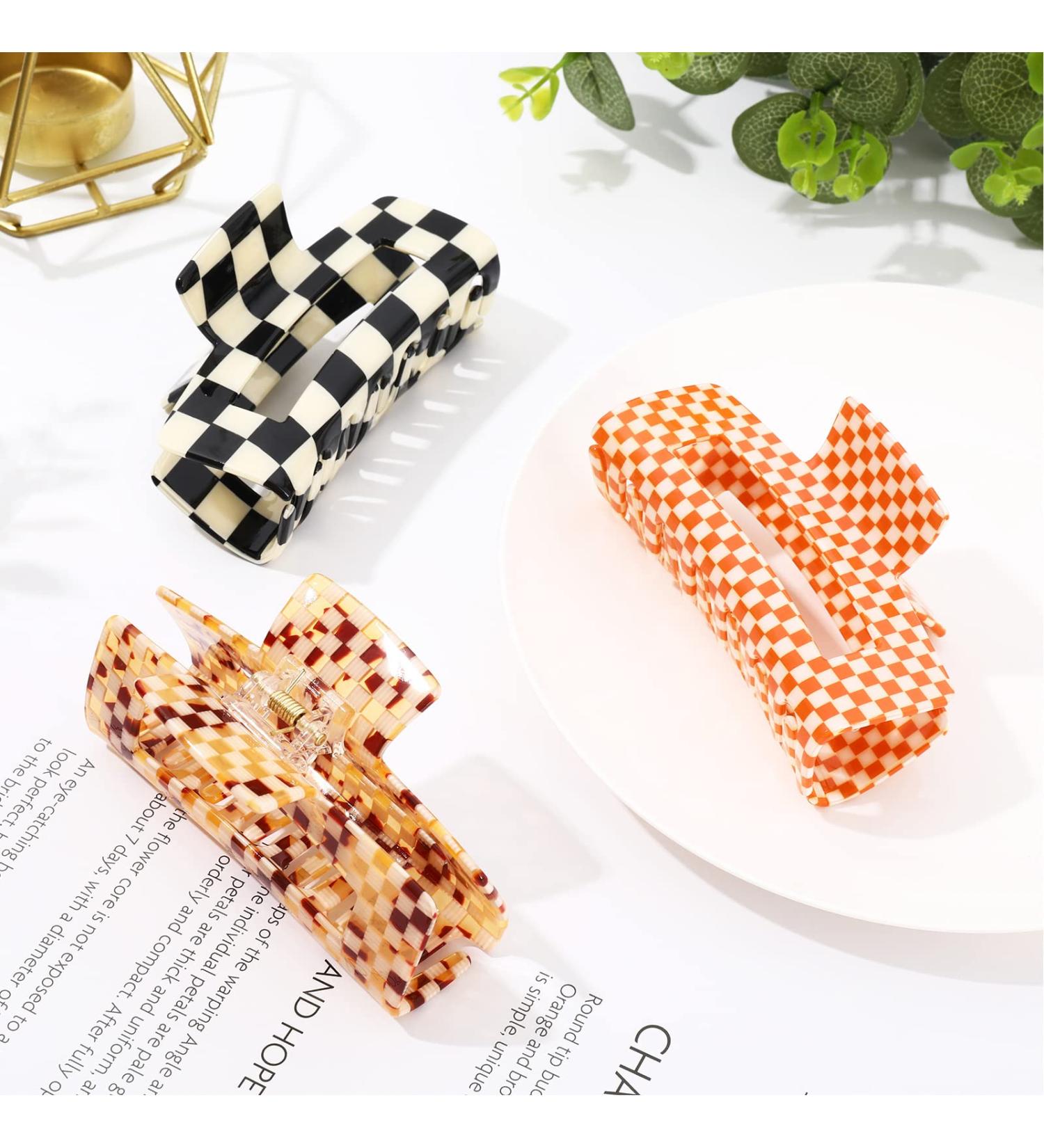 Whaline Checkered Hair Claw Clips - Set of 3 Large Vintage Barrettes for Women and Girls - Fashionable Non-Slip Hair Styling Accessories for Thick, Thin, Curly, and Straight Hair - Buy Online on GoSupps.com