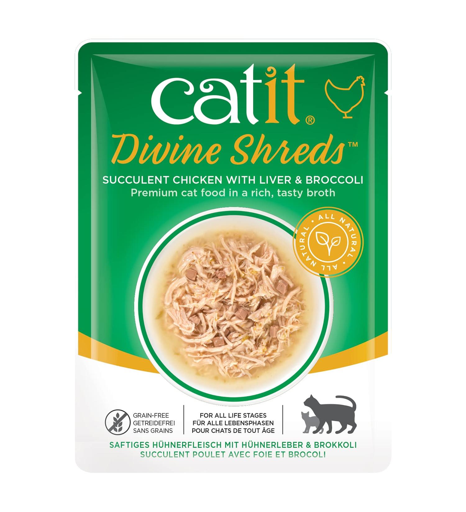 Catit Divine Shreds Premium cat food dry food topping topping for dry food chicken with chicken liver and broccoli 1 Pack 75g huehner meat with huehner liver and broccoli 77 g (1 Pack)