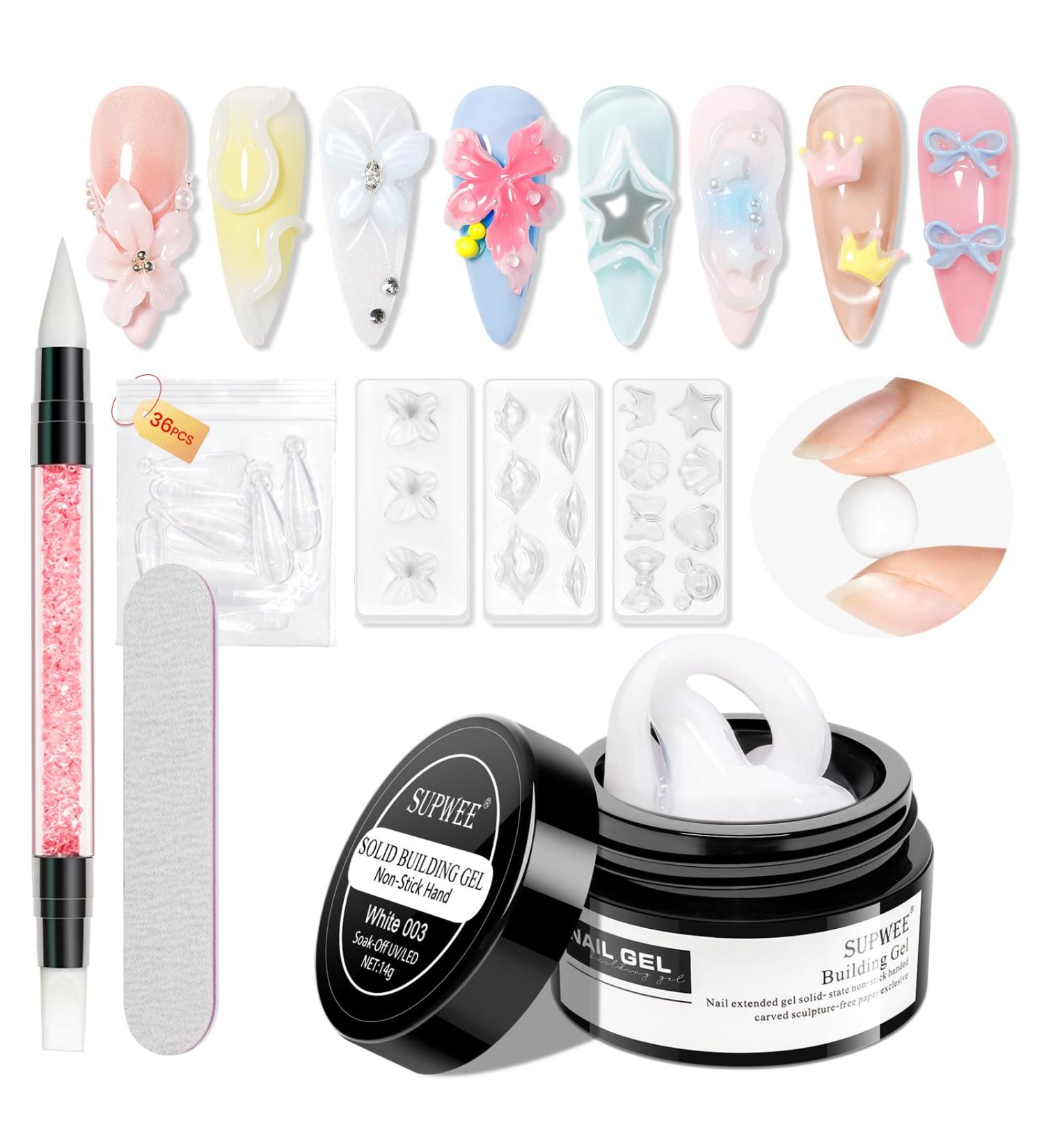  SUPWEE 3D Nail Gel - 14g - Non-Adhesive Solid Builder Gel - With Nail Brush - Embossed Pattern - Salon Hard - DIY at Home - White - Buy Online on GoSupps.com