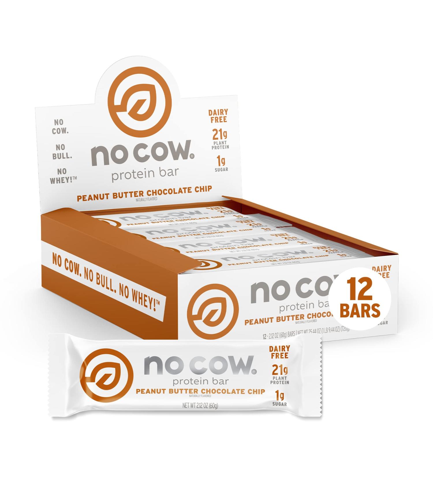 No Cow Protein Bar - Peanut Butter Chocolate Chip | 12 Bars (2.12 oz Each) - Vegan, Dairy-Free, High Protein Snack - Buy Online on GoSupps.com