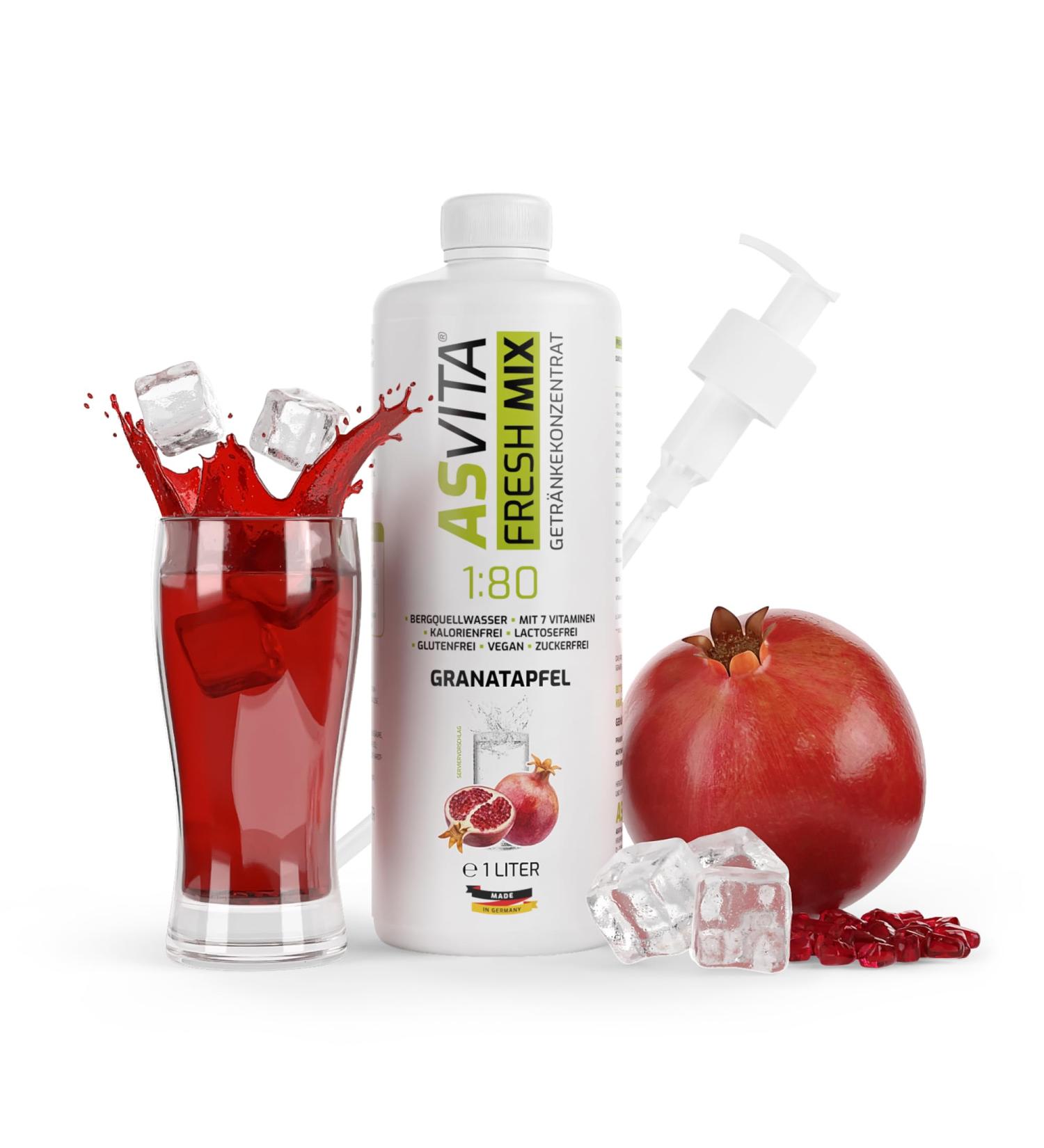 Asvita Beverage Concentrate Fresh Mix 1:80 - Sugar-Free Drink Syrup - 26 Delicious Flavors (Pomegranate) - 1L Bottle with Dosing Pump - International Shipping - Buy Online on GoSupps.com