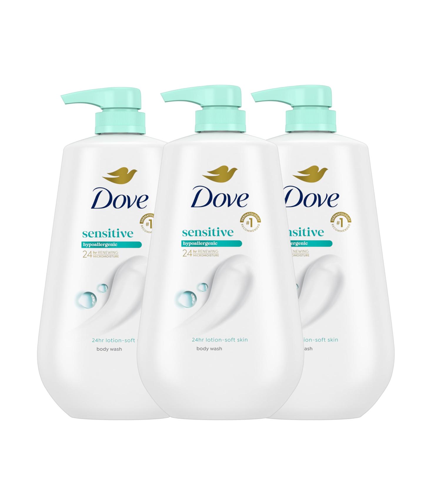Dove Body Wash 3 Count Sensitive Skin For 24hr Lotion-Soft Skin Moisturizing Skin Cleanser Gentle Hypoallergenic Formula with No Sulfates No Parabens Fragranced 30.6 Fl Oz (Pack of 3) - Buy Online on GoSupps.com