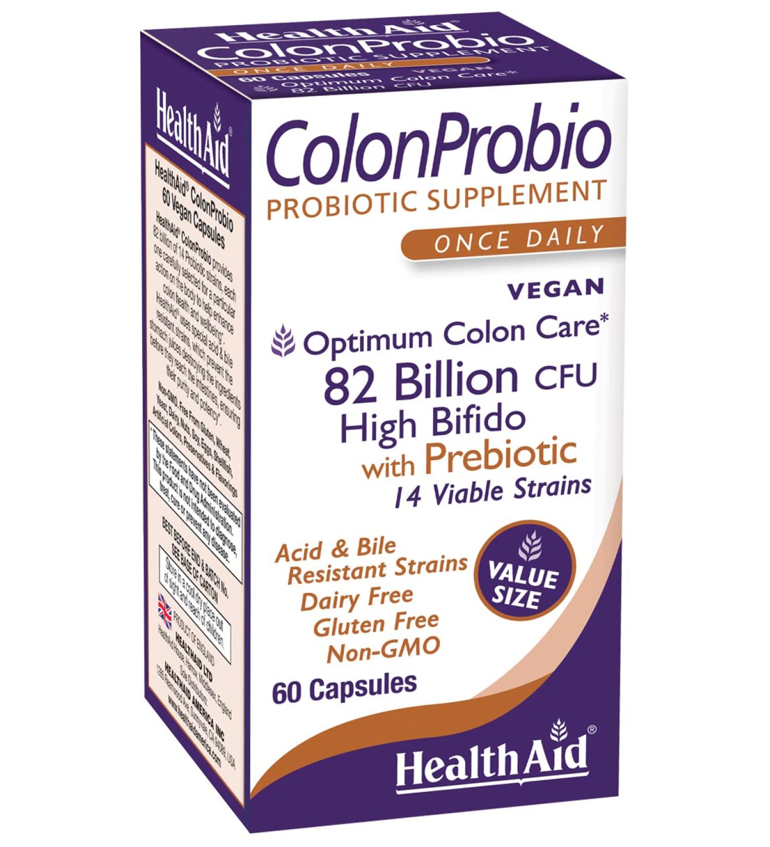 HealthAid ColonProbio 82 Billion with Prebiotic 14 Strains Once Daily 60ct Optimum Colon Care Acid & Bile Resistant Dairy Free Gluten Free Non-GMO High Bifido - Buy Online on GoSupps.com