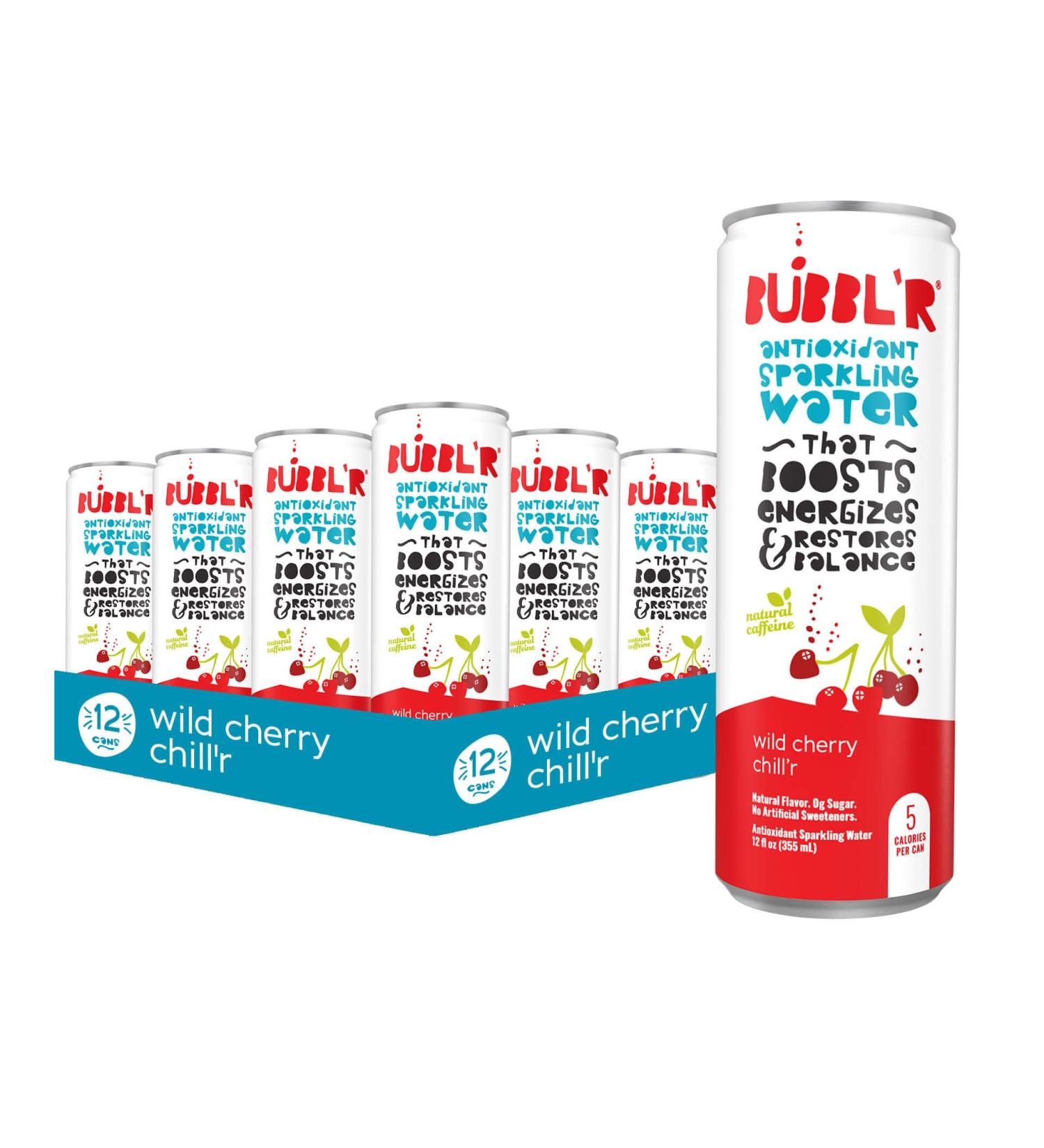 BUBBL R Wild Cherry Chill r - Antioxidant Sparkling Water with Caffeine 0g Sugar Gluten-Free All-Natural Flavors | 12 Pack (12 Fl Oz Cans) - International Shipping Available - Buy Online on GoSupps.com