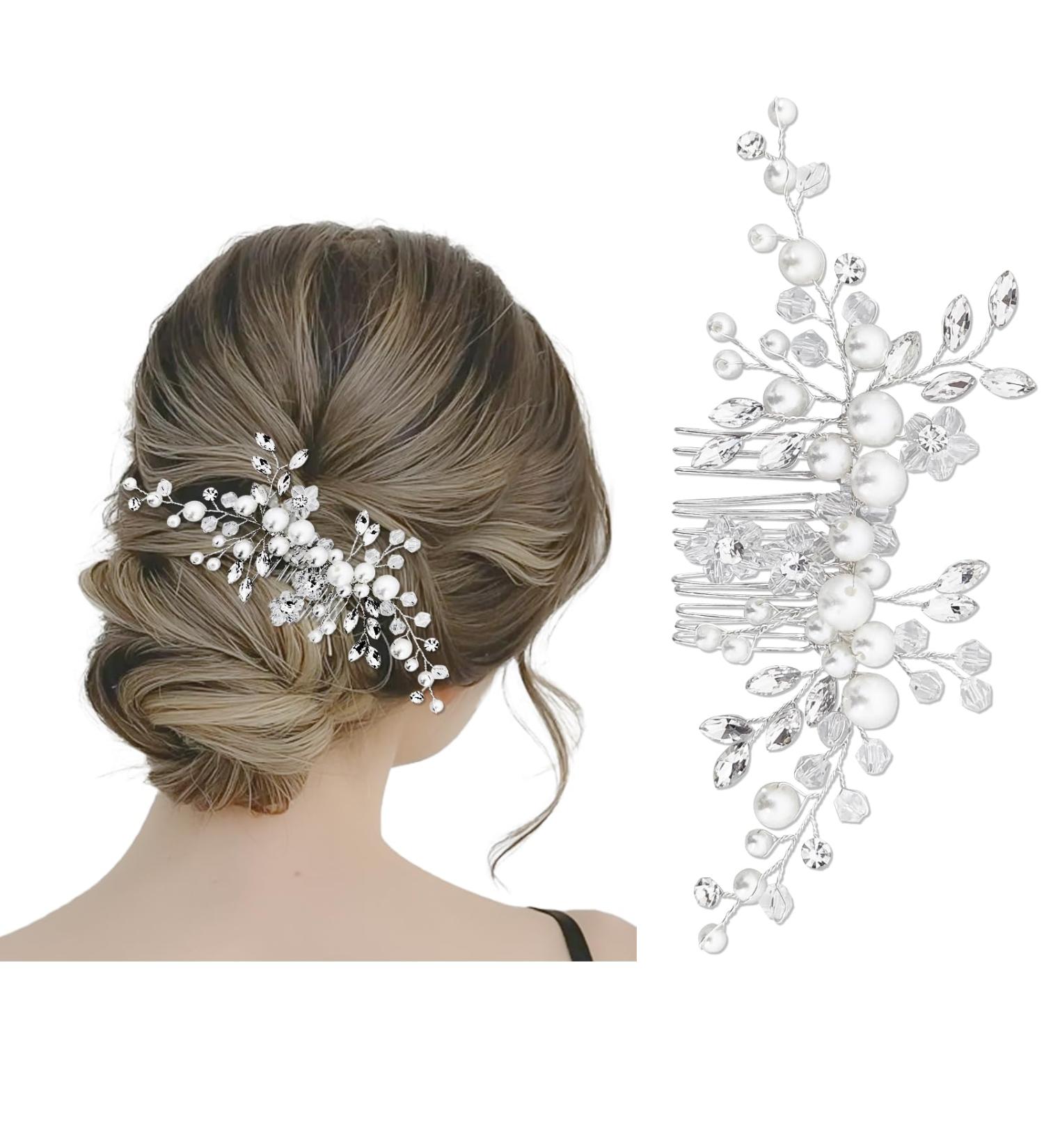Makone Silver Pearl Flower Wedding Hair Piece for Bride | Bridal Accessories for Women & Girls - Wedding Hair Clips Pearl Comb - Buy Online on GoSupps.com