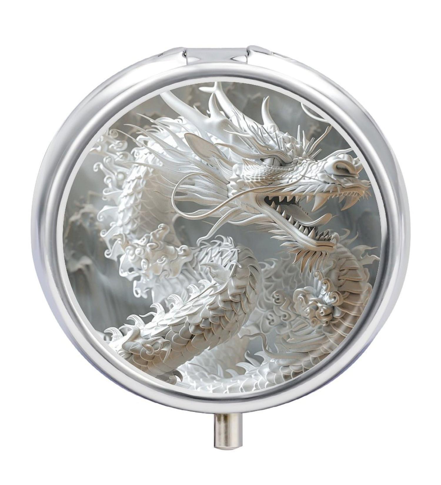 Round White Dragon Pill Box - 3 Compartment Decorative Metal Organizer for Travel - Portable Medicine Holder - Buy Online on GoSupps.com
