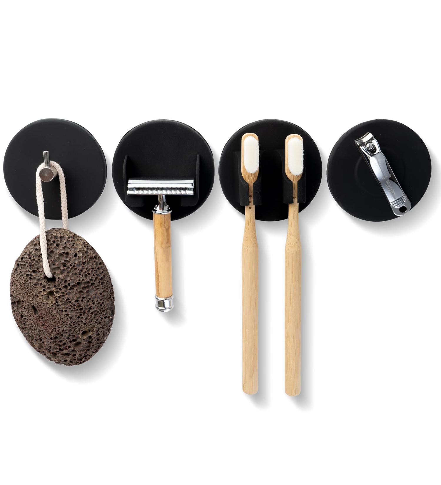 DELUXXOO High Quality 4-Part Bathroom Holder Set | Black Self-Adhesive Bathroom Organizer | No Drilling Hooks Toothbrush & Razor Holder | Magnet 4 Set - Buy Online on GoSupps.com